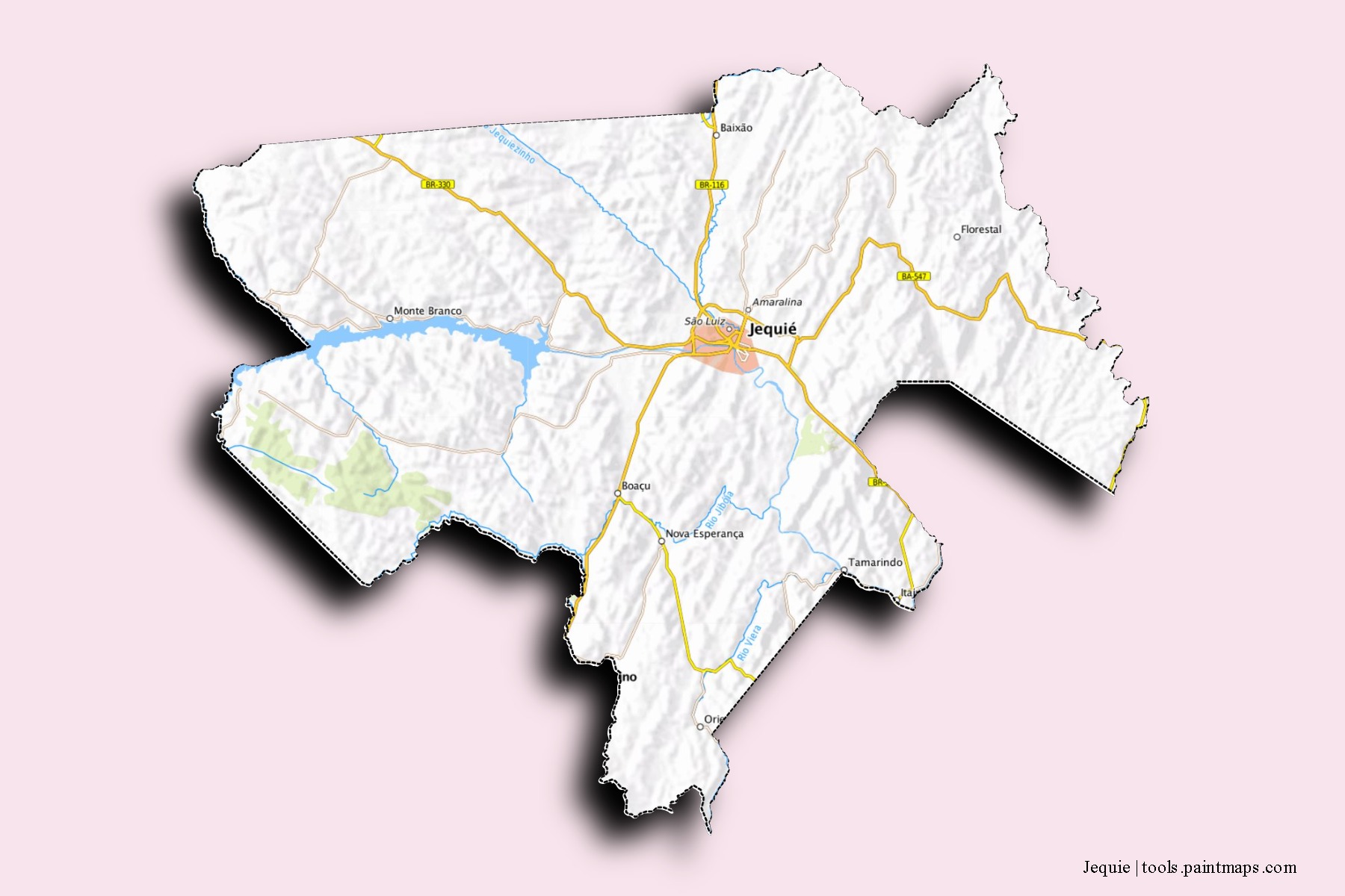 Mapa de barrios y pueblos de Jequie con efecto de sombra 3D