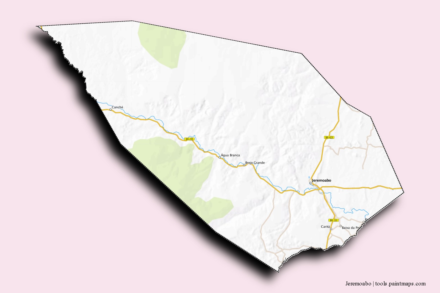 Mapa de barrios y pueblos de Jeremoabo con efecto de sombra 3D