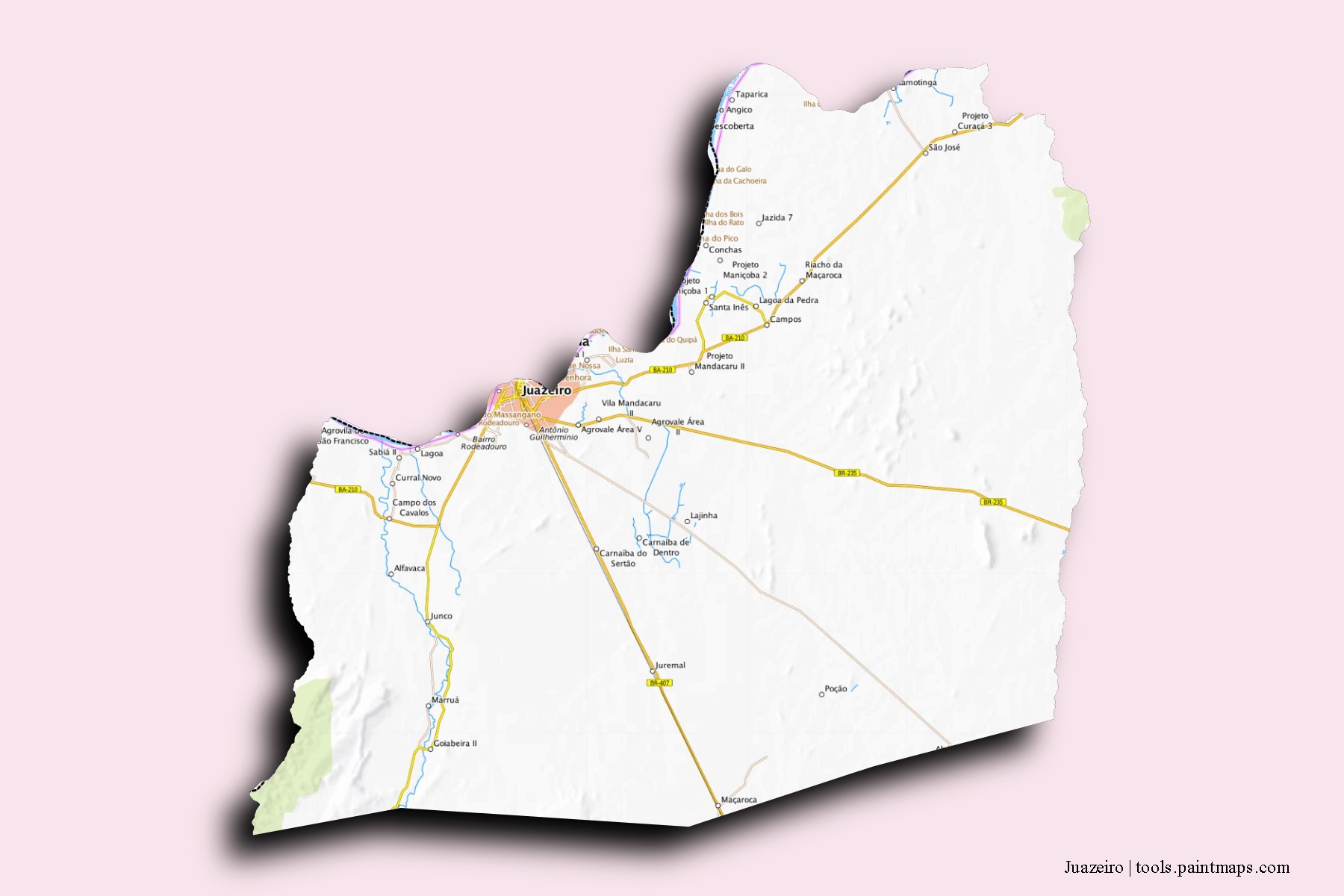 Mapa de barrios y pueblos de Juazeiro con efecto de sombra 3D