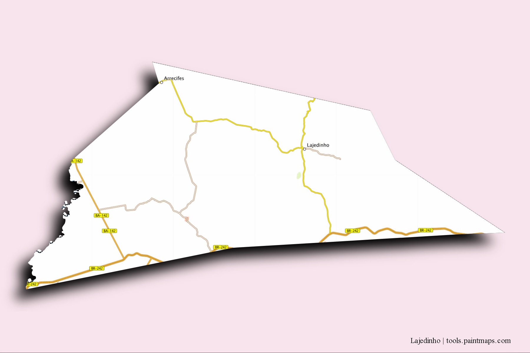 Mapa de barrios y pueblos de Lajedinho con efecto de sombra 3D