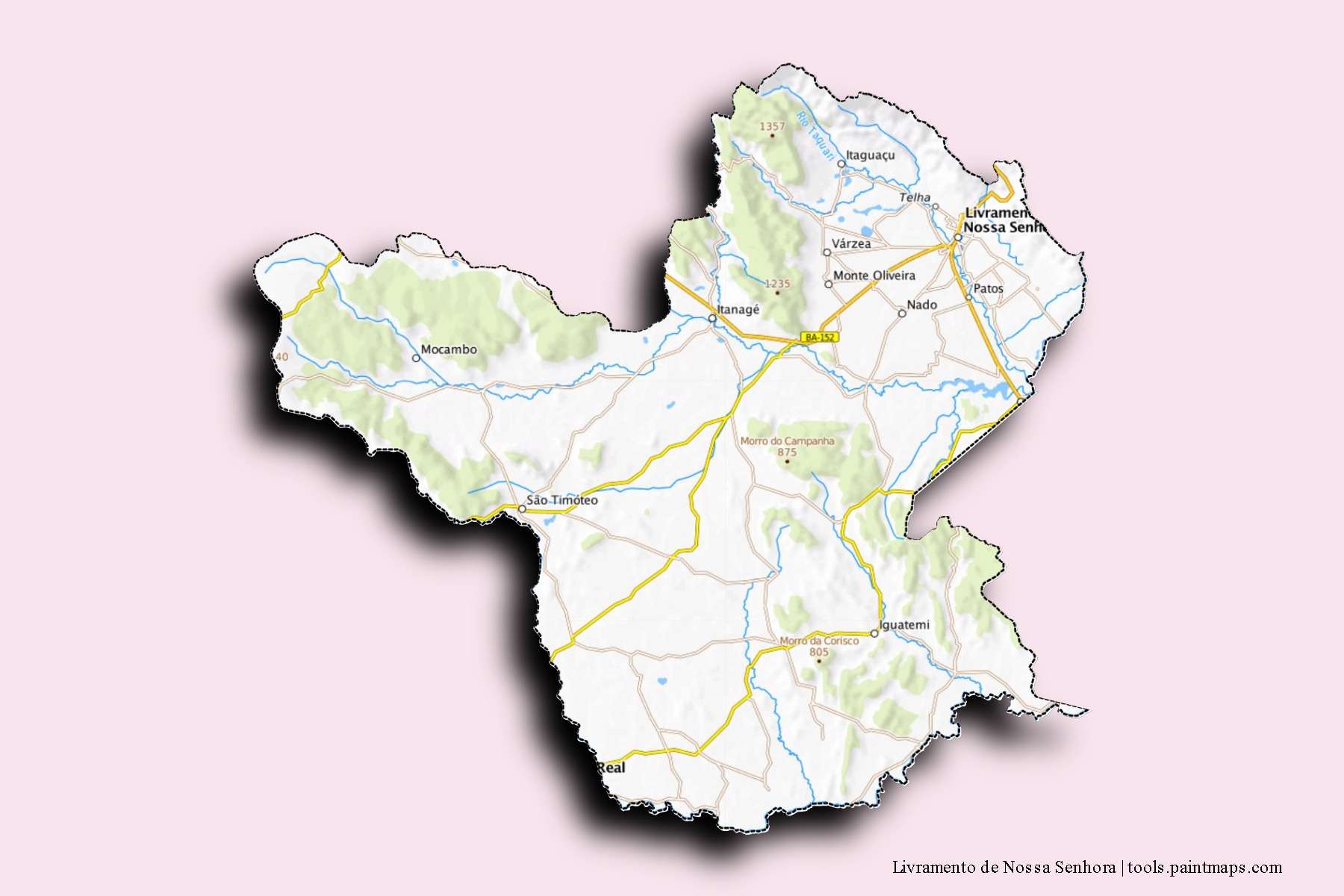 Mapa de barrios y pueblos de Livramento de Nossa Senhora con efecto de sombra 3D