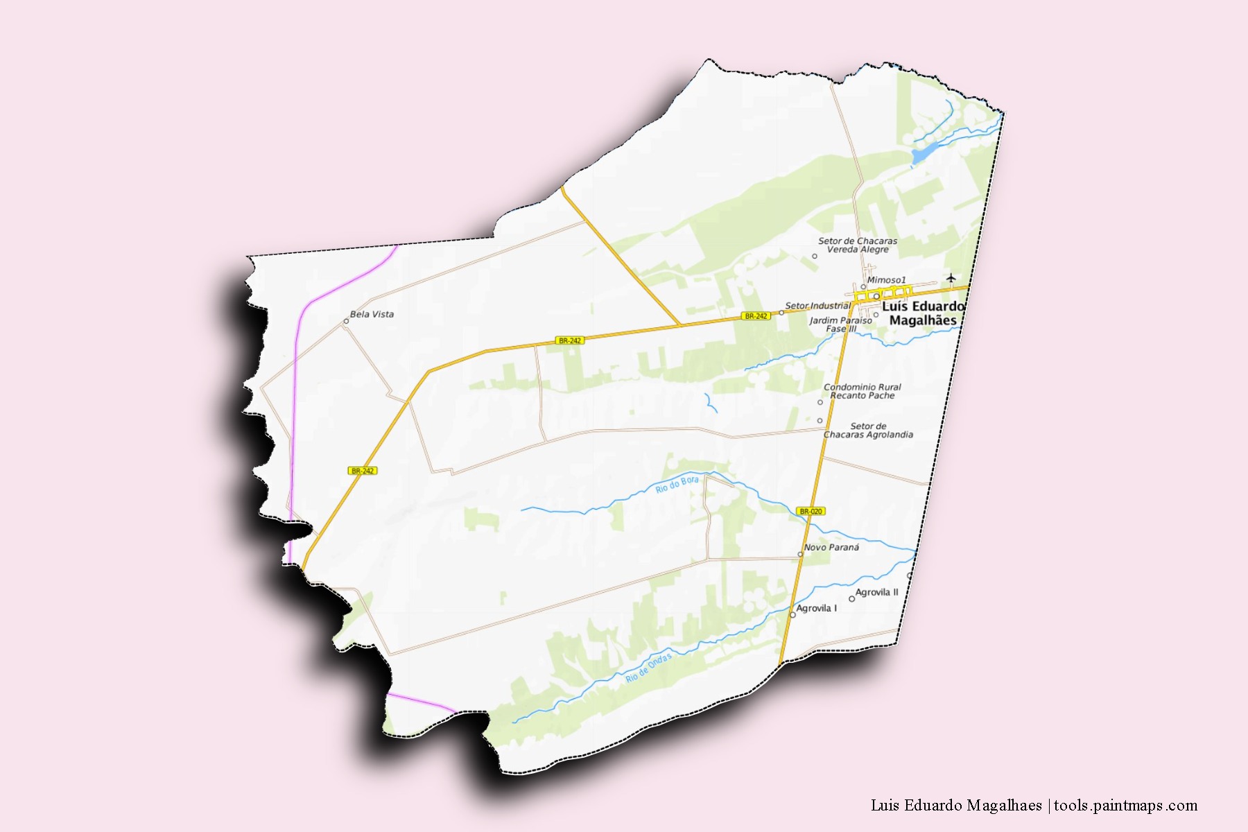 Luis Eduardo Magalhaes neighborhoods and villages map with 3D shadow effect