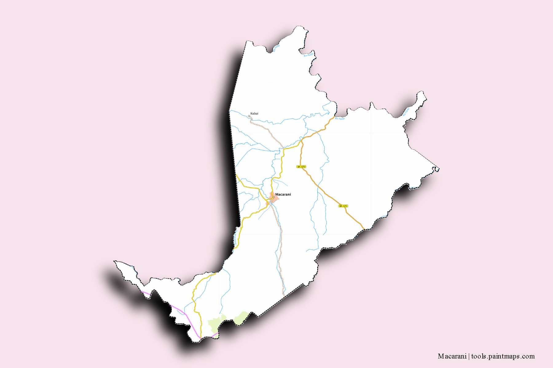 Mapa de barrios y pueblos de Macarani con efecto de sombra 3D