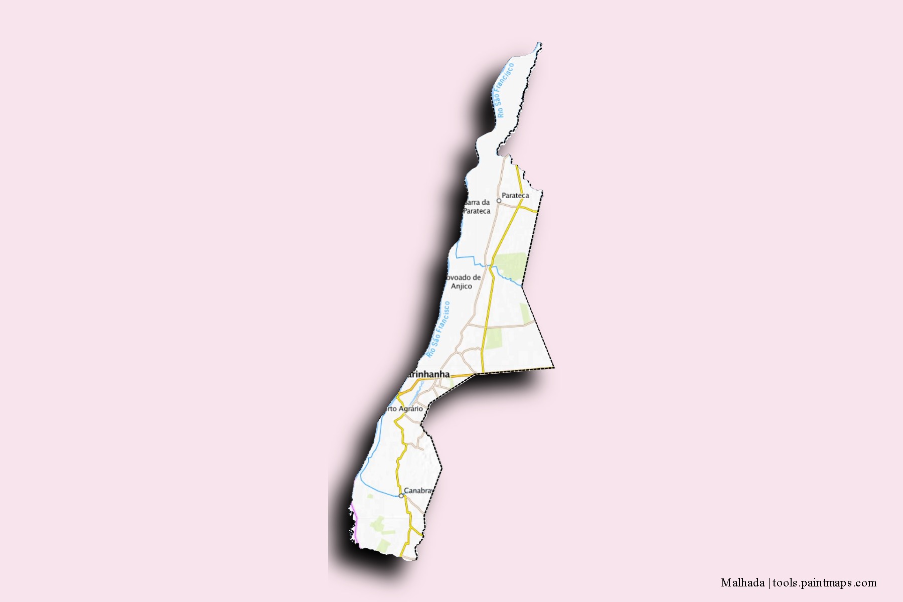 Malhada neighborhoods and villages map with 3D shadow effect