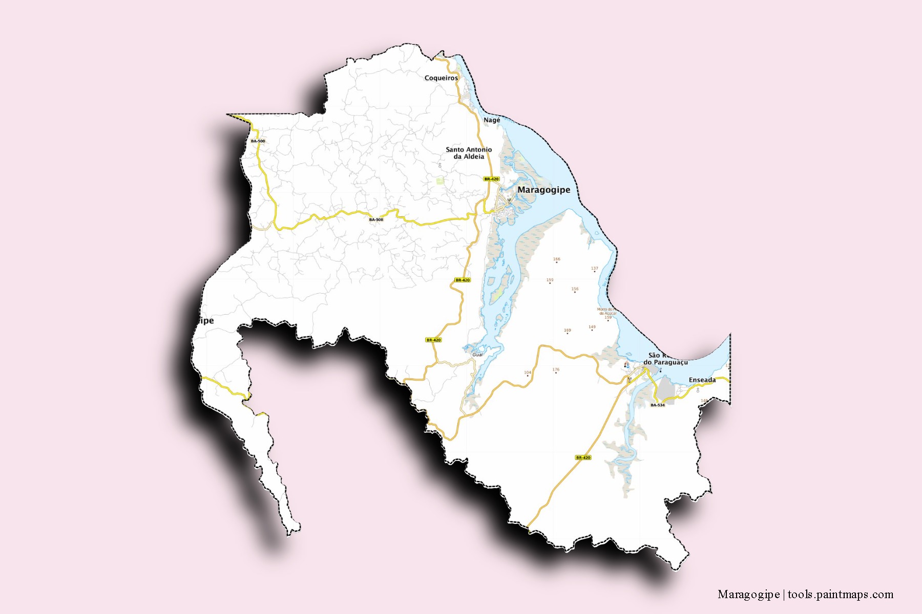 Mapa de barrios y pueblos de Maragogipe con efecto de sombra 3D