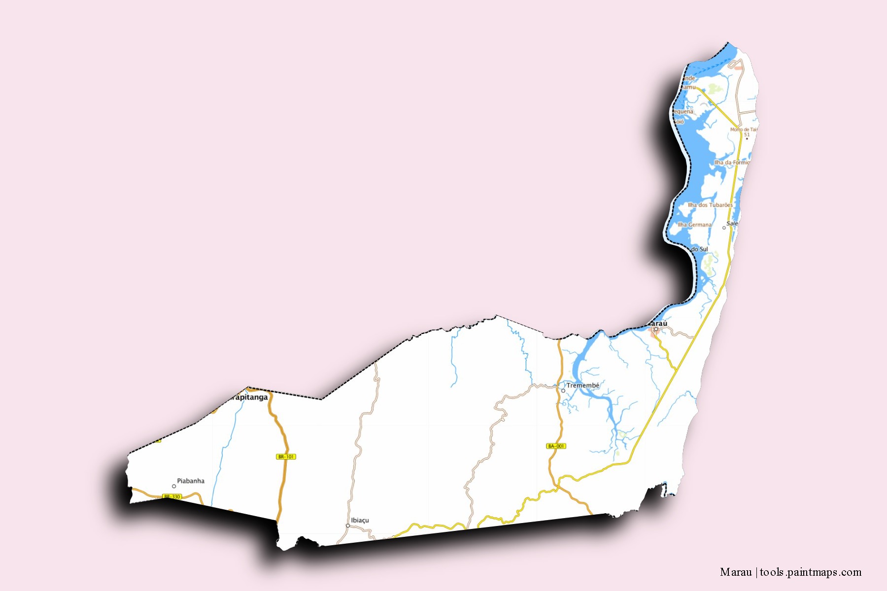 Mapa de barrios y pueblos de Marau con efecto de sombra 3D