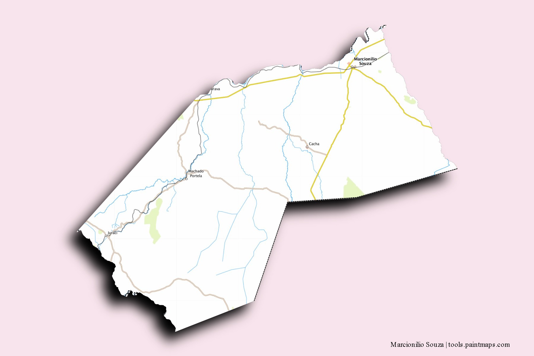 Mapa de barrios y pueblos de Marcionilio Souza con efecto de sombra 3D