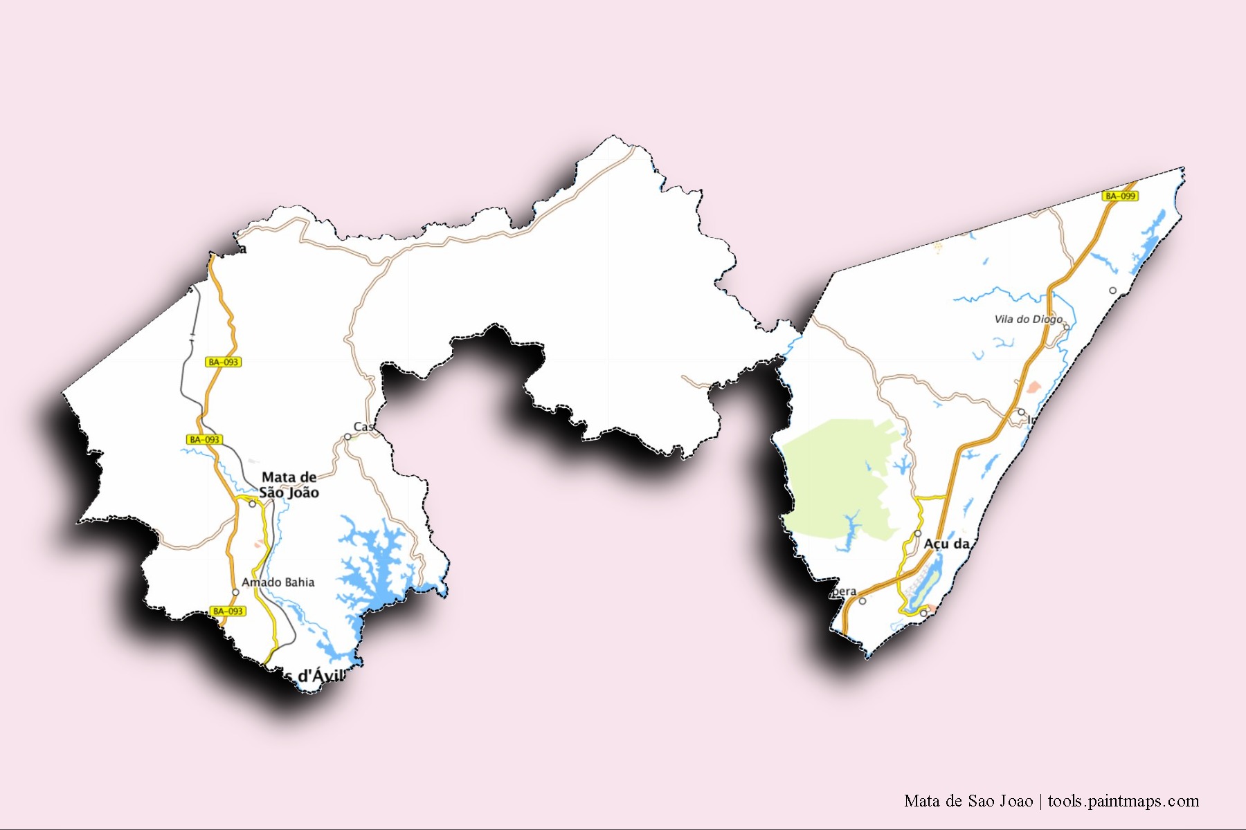 Mapa de barrios y pueblos de Mata de Sao Joao con efecto de sombra 3D