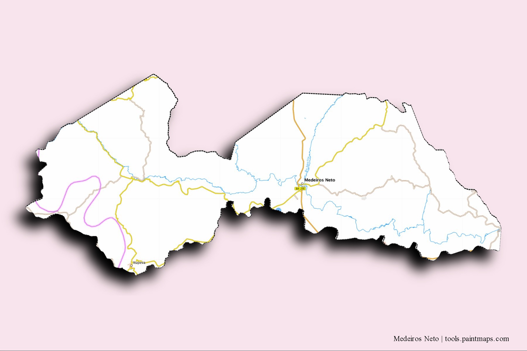 Mapa de barrios y pueblos de Medeiros Neto con efecto de sombra 3D