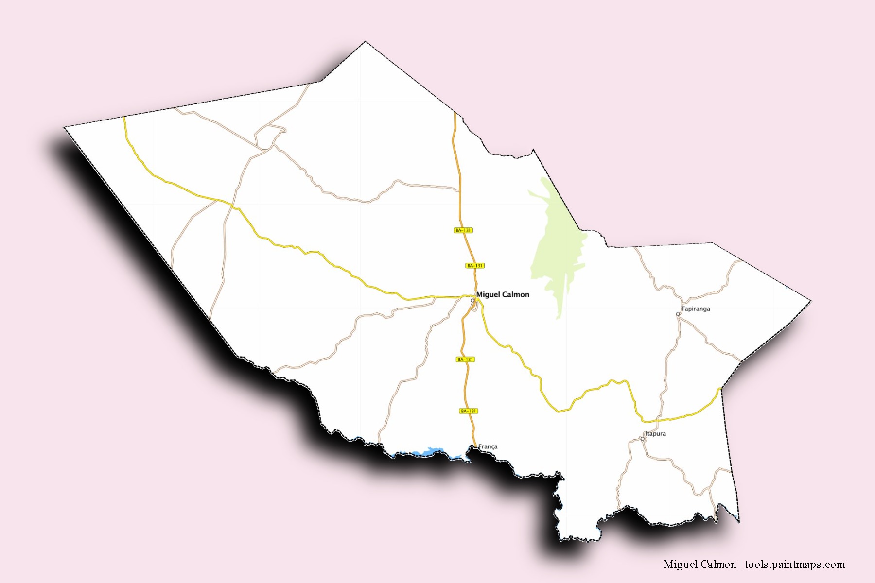 Mapa de barrios y pueblos de Miguel Calmon con efecto de sombra 3D