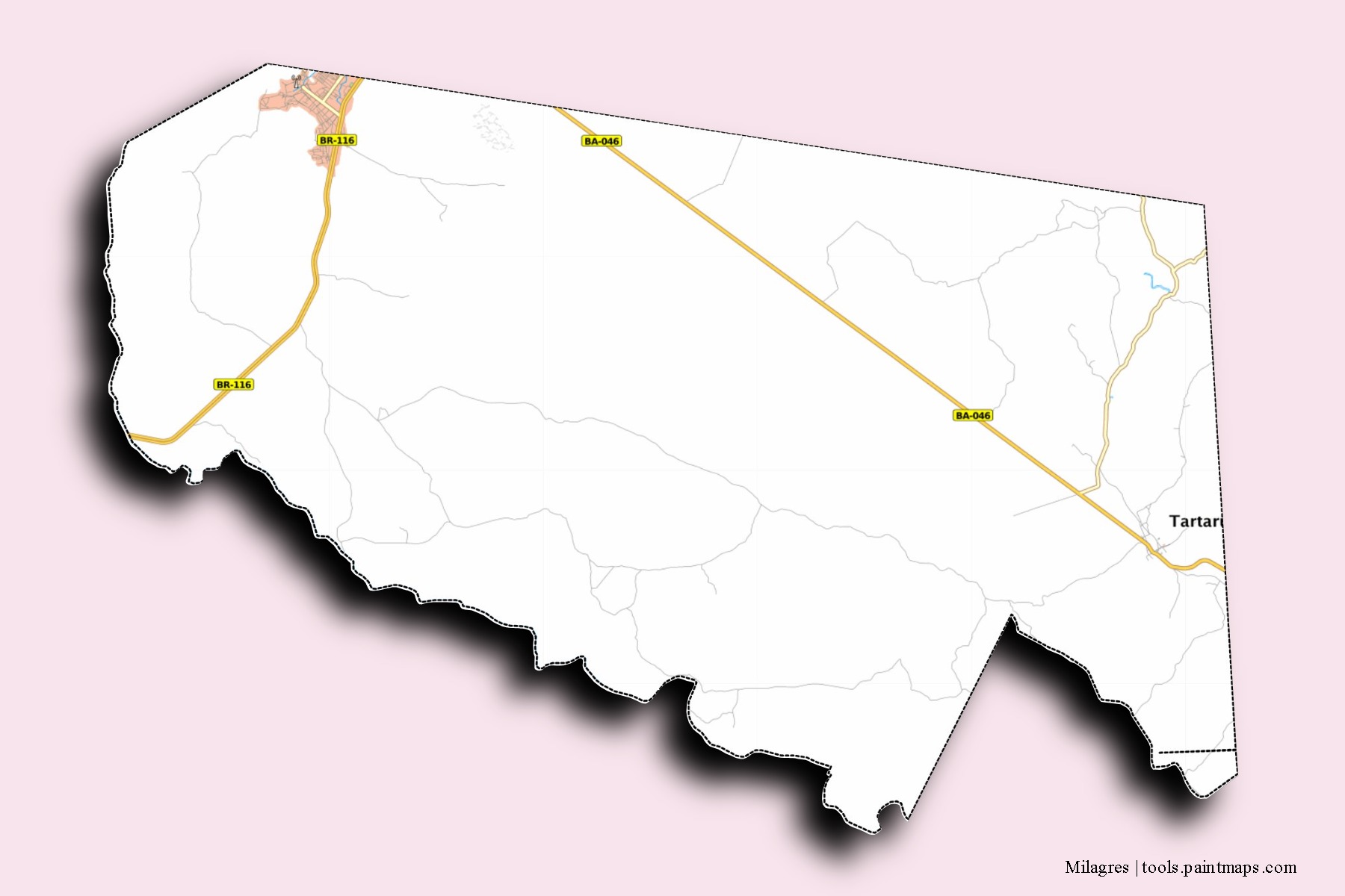 Milagres neighborhoods and villages map with 3D shadow effect