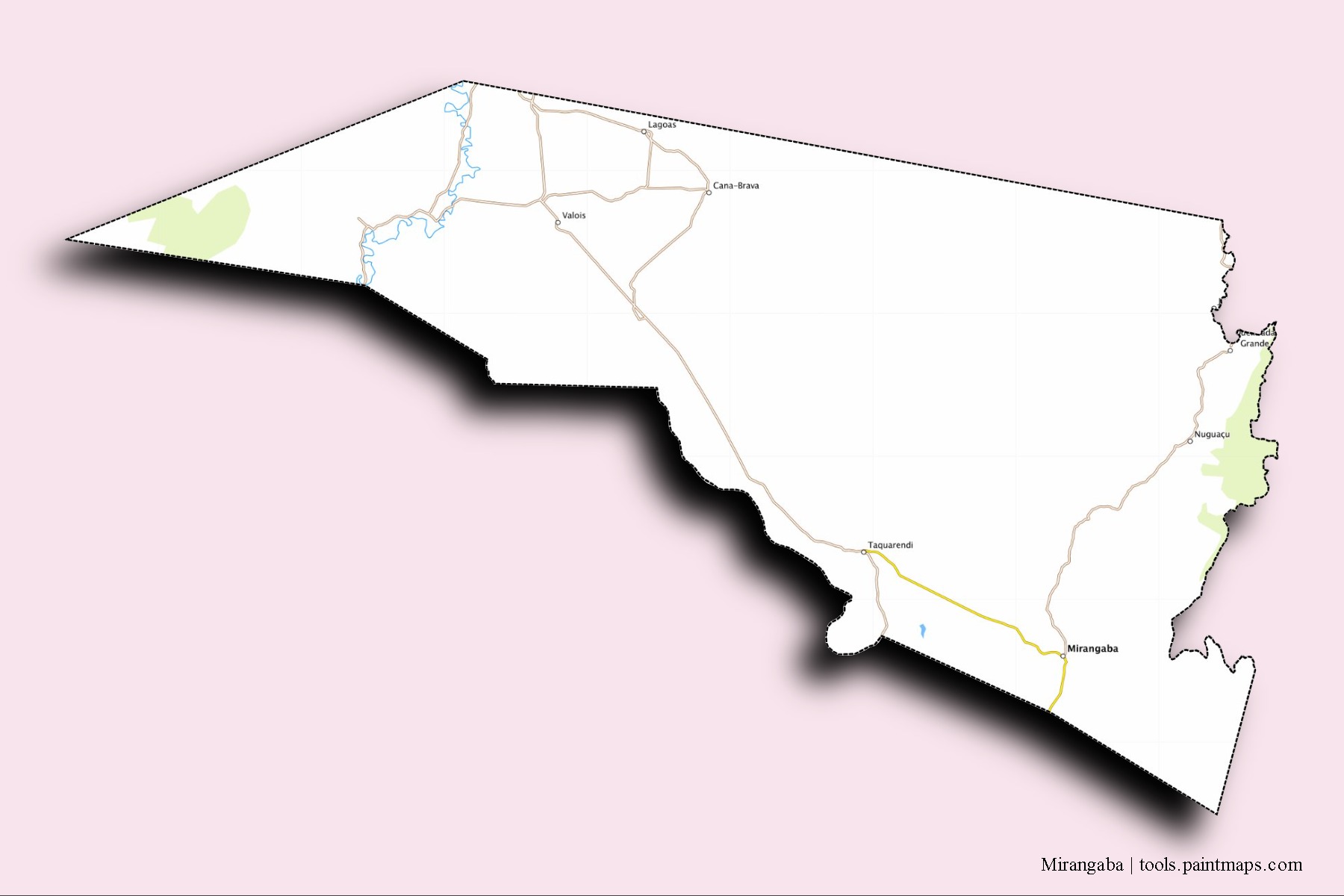 Mapa de barrios y pueblos de Mirangaba con efecto de sombra 3D