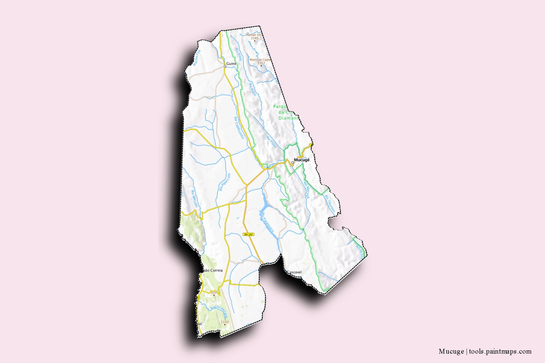 Mapa de barrios y pueblos de Mucuge con efecto de sombra 3D