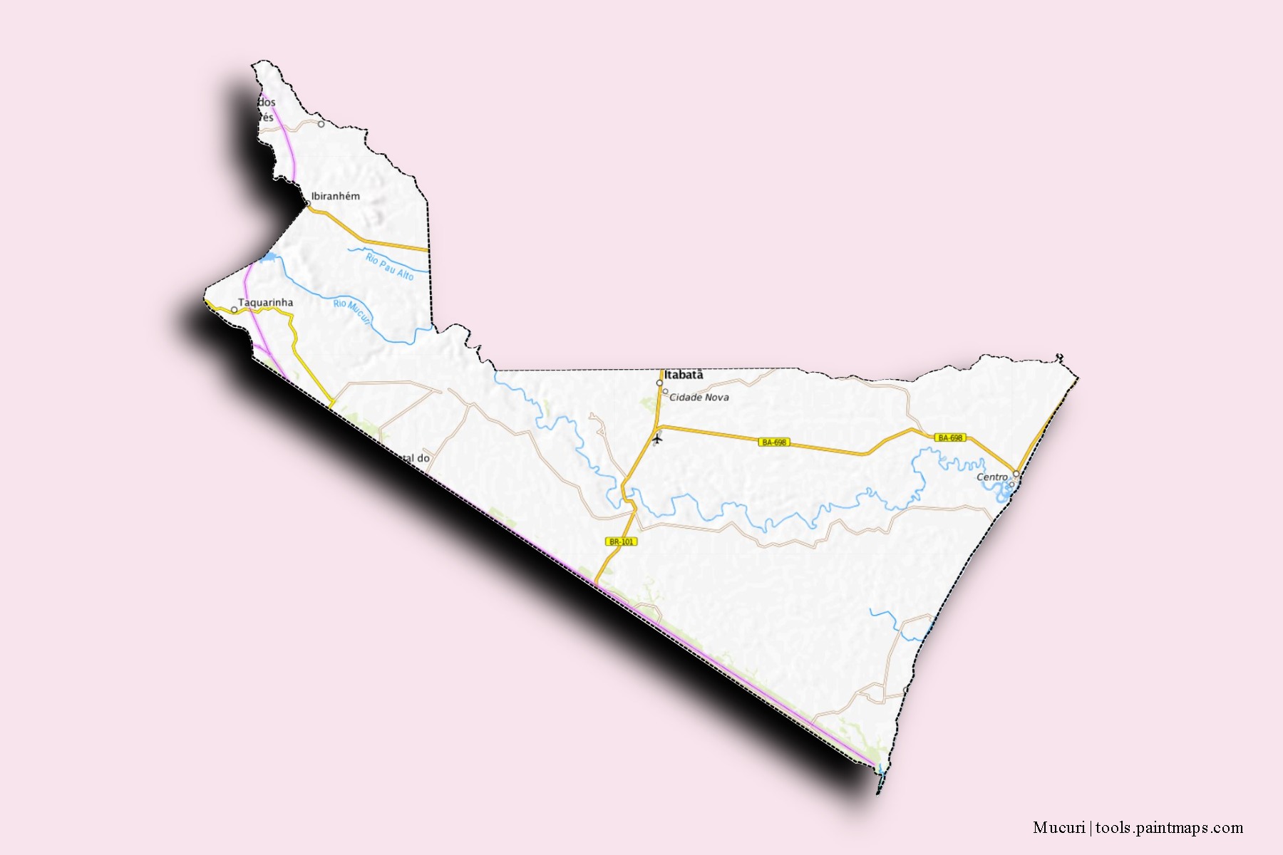 Mapa de barrios y pueblos de Mucuri con efecto de sombra 3D