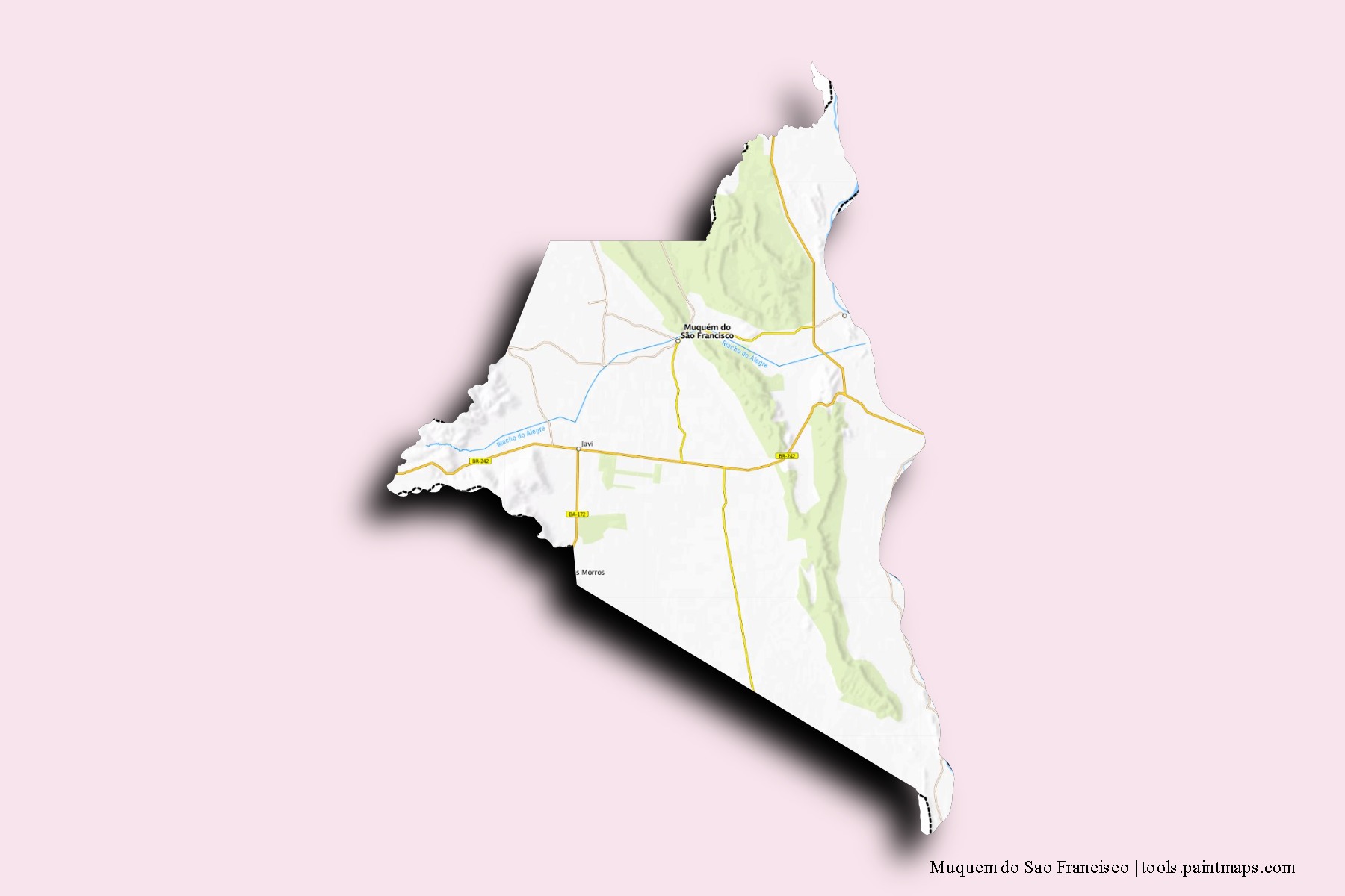 Mapa de barrios y pueblos de Muquem do Sao Francisco con efecto de sombra 3D