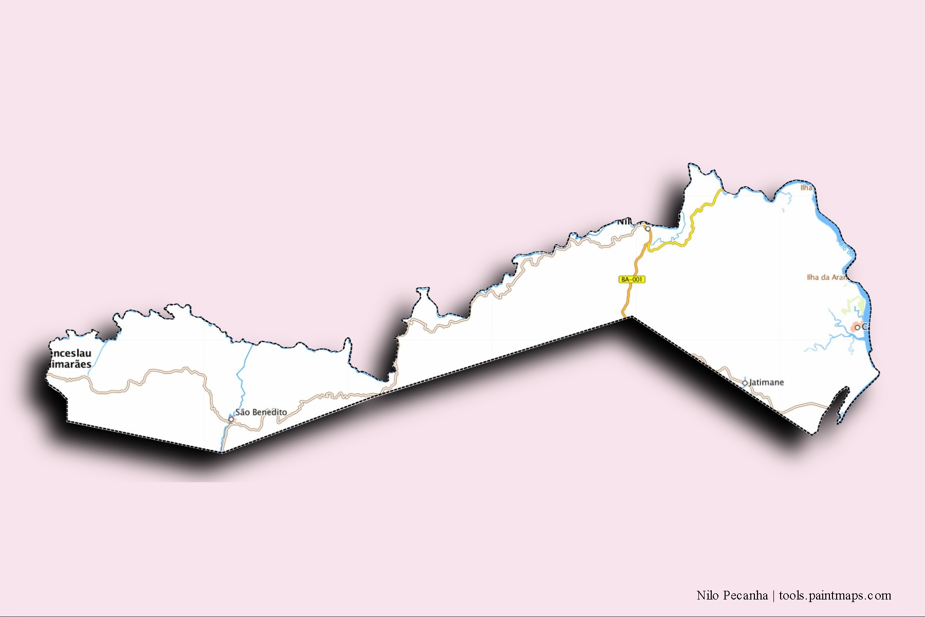 Mapa de barrios y pueblos de Nilo Pecanha con efecto de sombra 3D