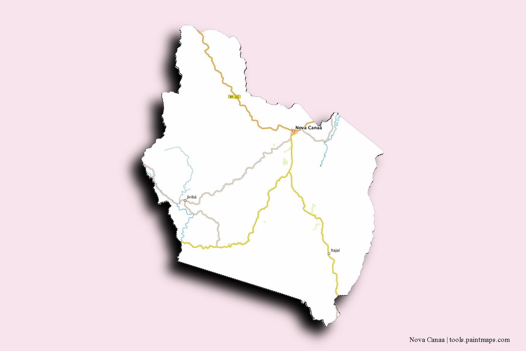 Mapa de barrios y pueblos de Nova Canaa con efecto de sombra 3D