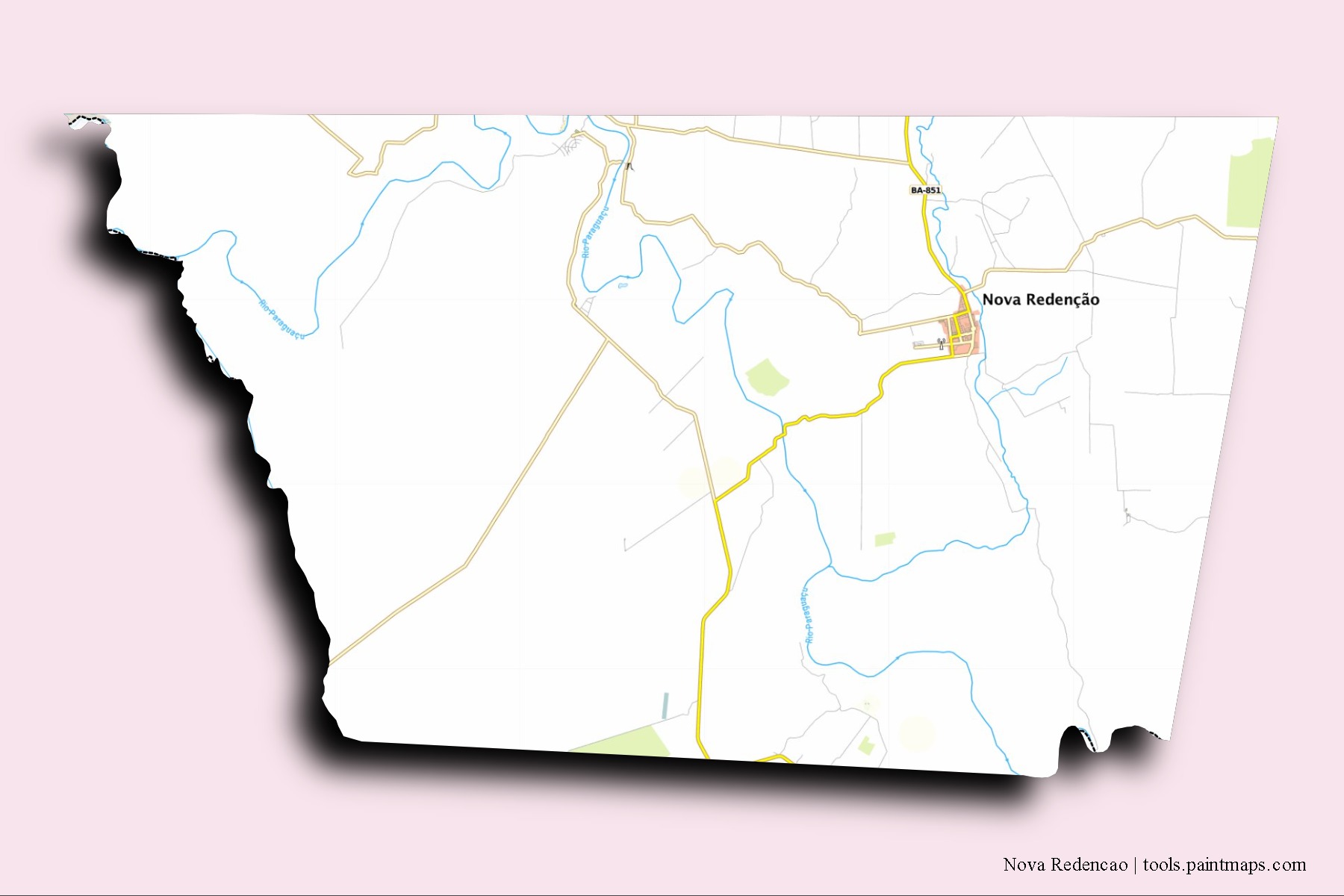 Mapa de barrios y pueblos de Nova Redencao con efecto de sombra 3D