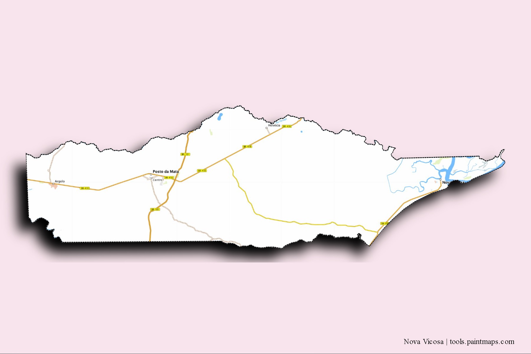 Mapa de barrios y pueblos de Nova Vicosa con efecto de sombra 3D