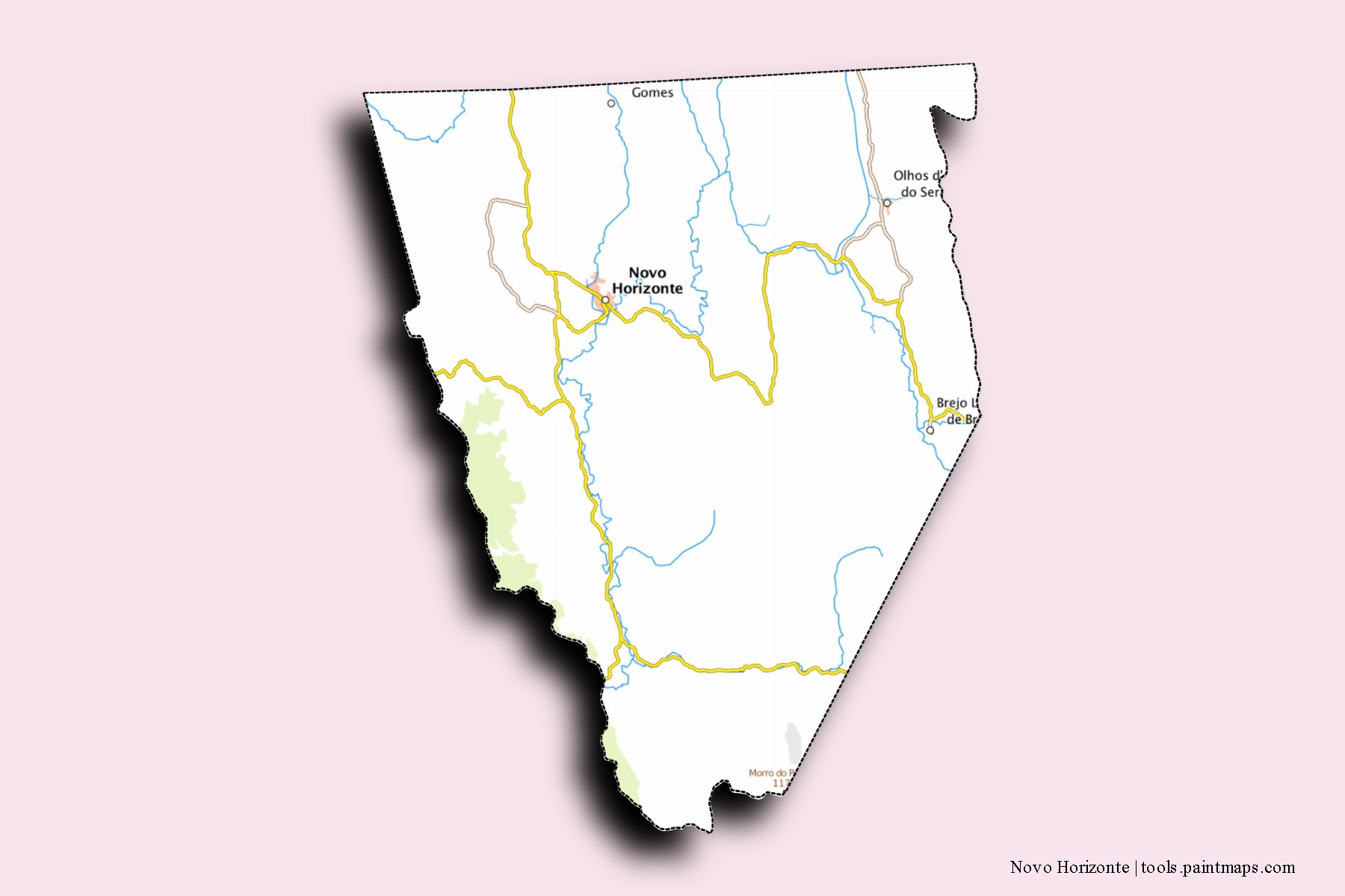 Mapa de barrios y pueblos de Novo Horizonte con efecto de sombra 3D