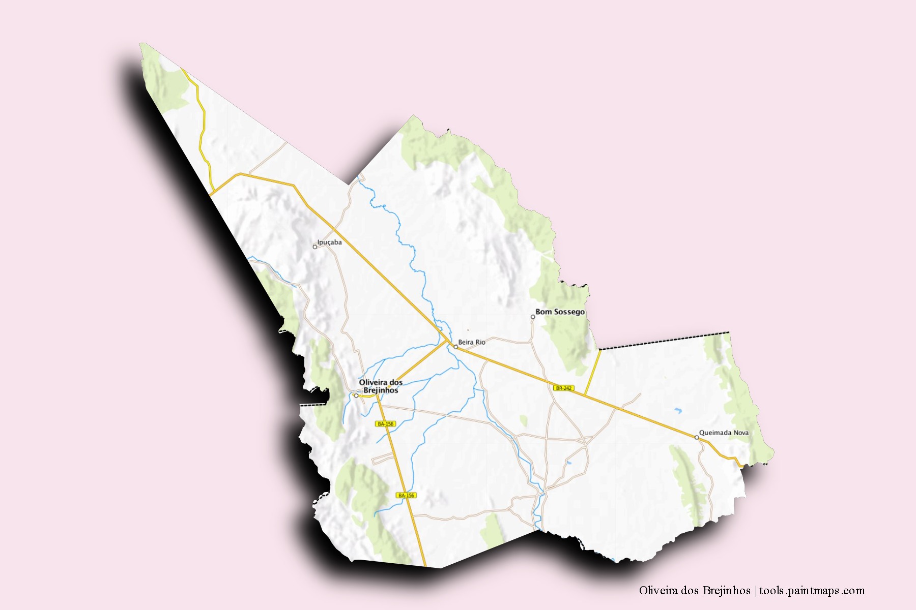 Mapa de barrios y pueblos de Oliveira dos Brejinhos con efecto de sombra 3D