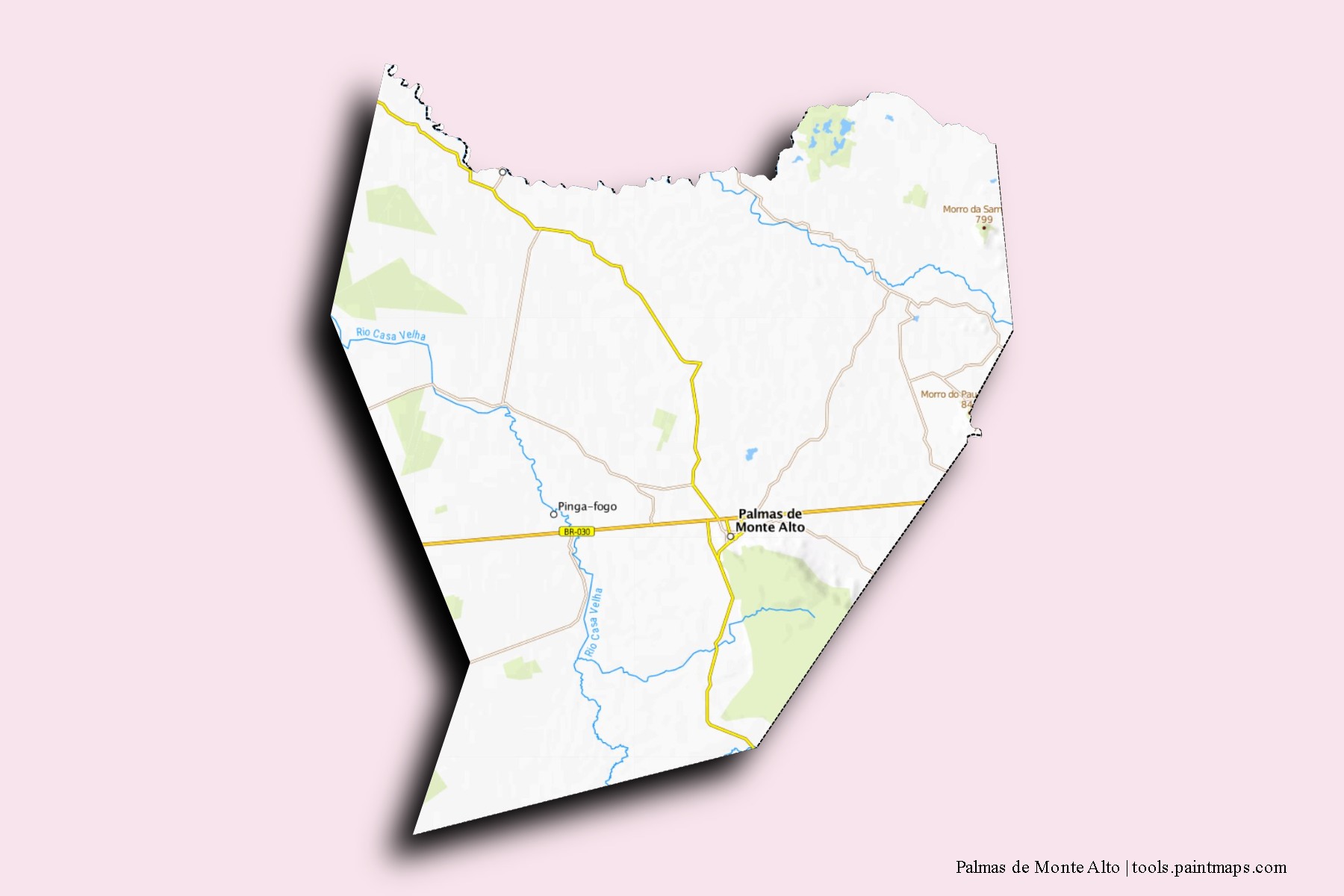 Mapa de barrios y pueblos de Palmas de Monte Alto con efecto de sombra 3D