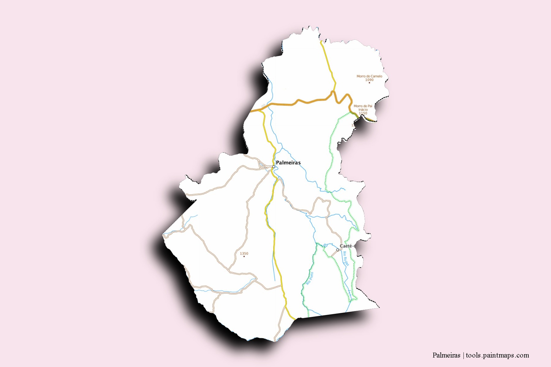 Mapa de barrios y pueblos de Palmeiras con efecto de sombra 3D