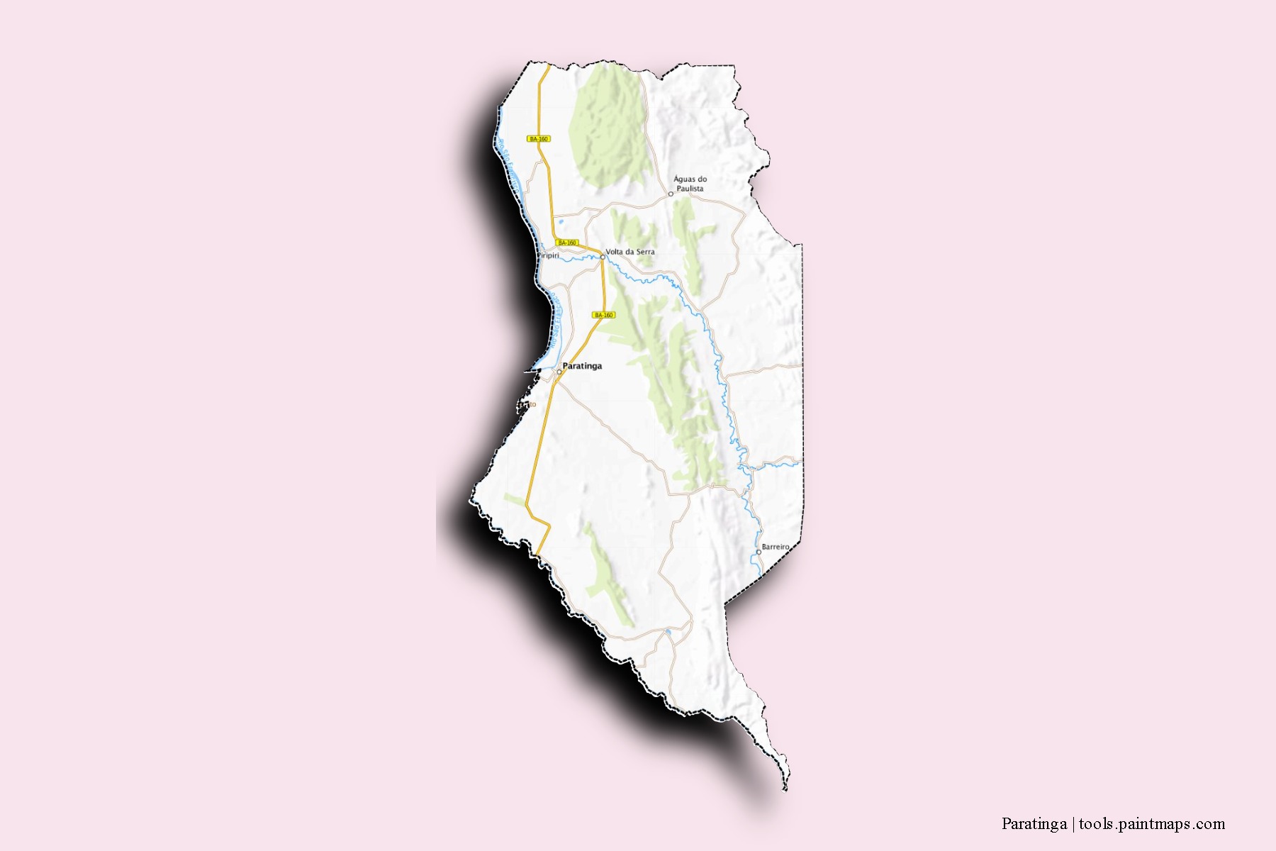 Mapa de barrios y pueblos de Paratinga con efecto de sombra 3D