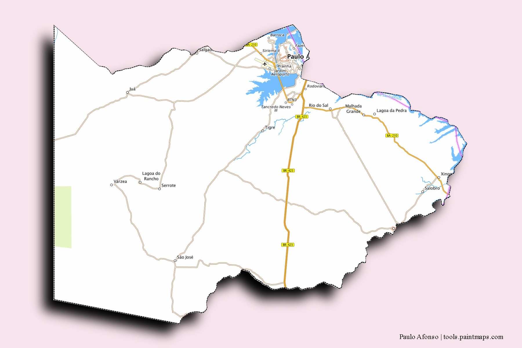 Mapa de barrios y pueblos de Paulo Afonso con efecto de sombra 3D