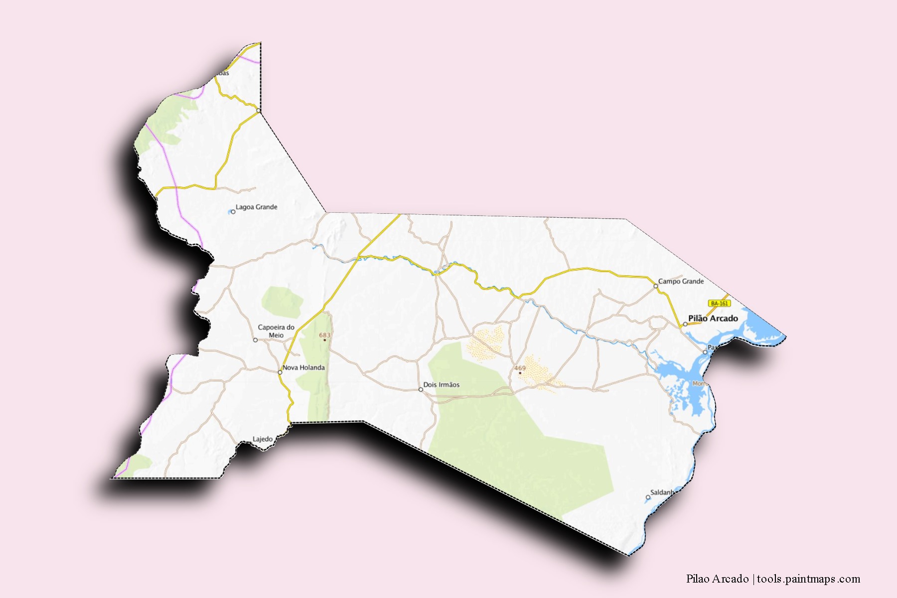 Mapa de barrios y pueblos de Pilao Arcado con efecto de sombra 3D