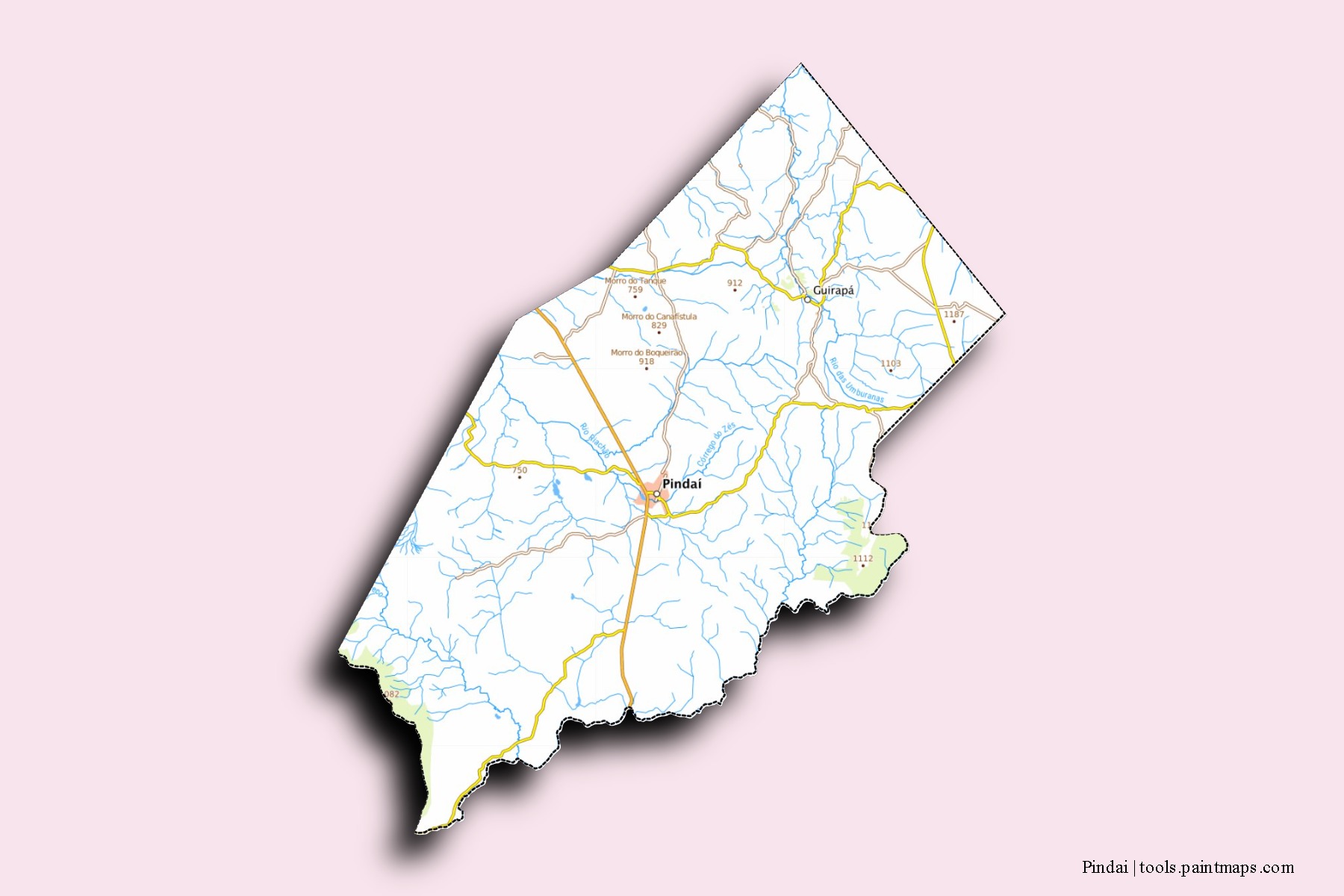 Mapa de barrios y pueblos de Pindai con efecto de sombra 3D
