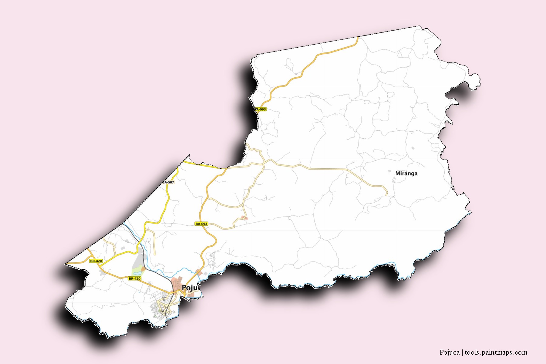 Mapa de barrios y pueblos de Pojuca con efecto de sombra 3D