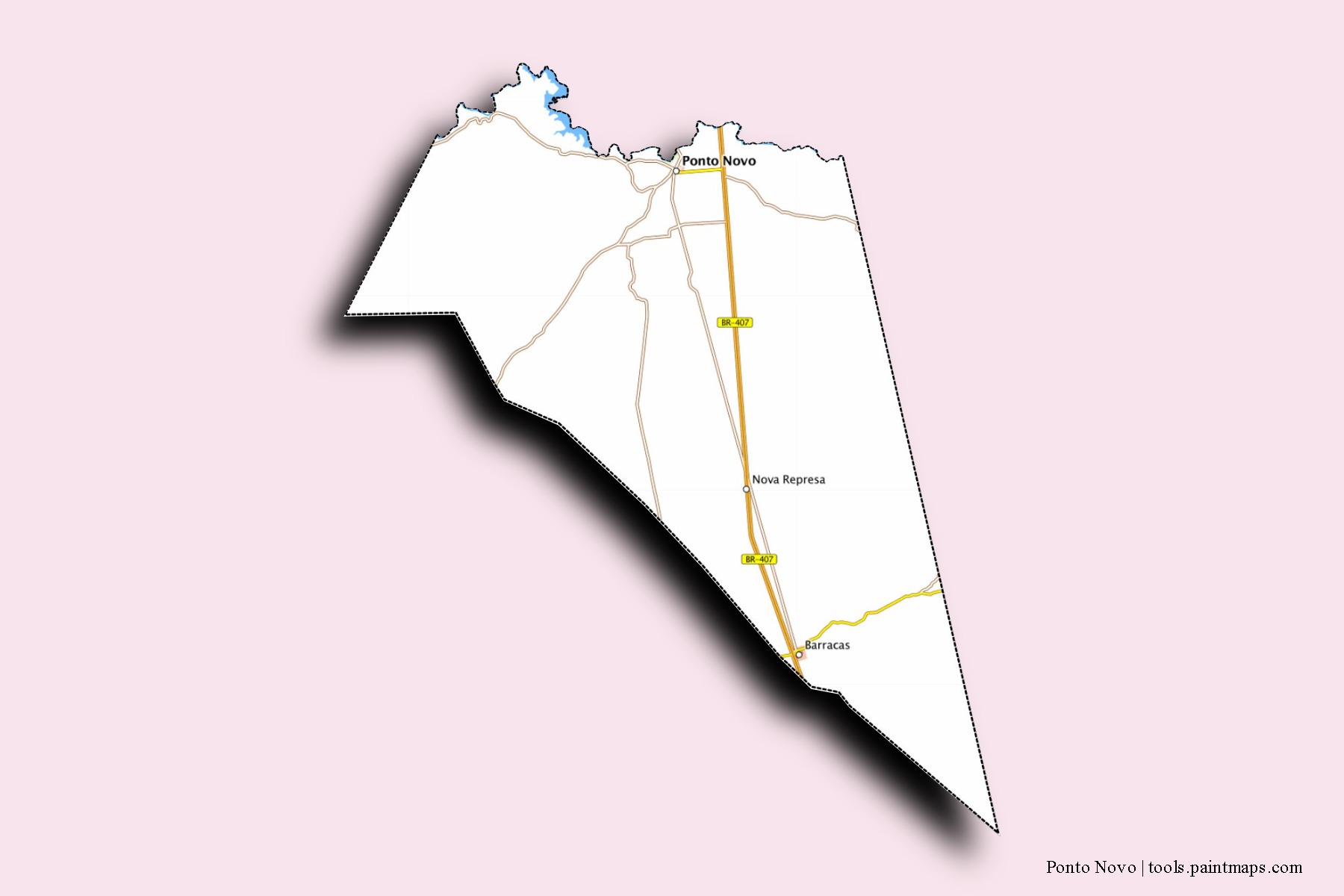 Mapa de barrios y pueblos de Ponto Novo con efecto de sombra 3D