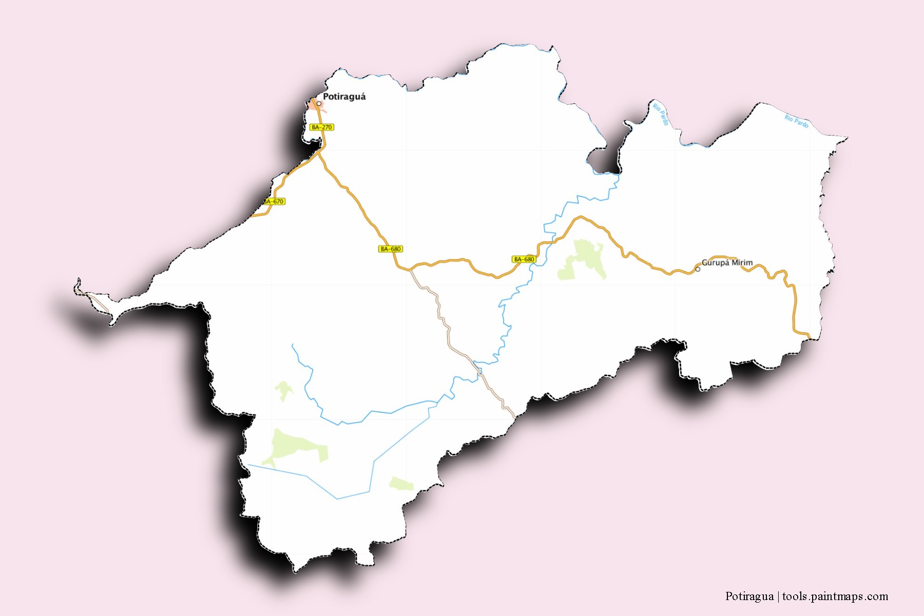 Mapa de barrios y pueblos de Potiragua con efecto de sombra 3D