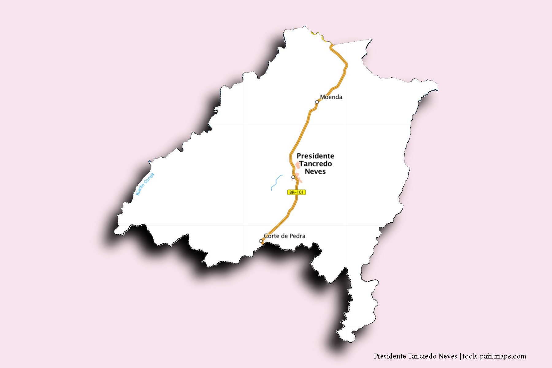 Mapa de barrios y pueblos de Presidente Tancredo Neves con efecto de sombra 3D