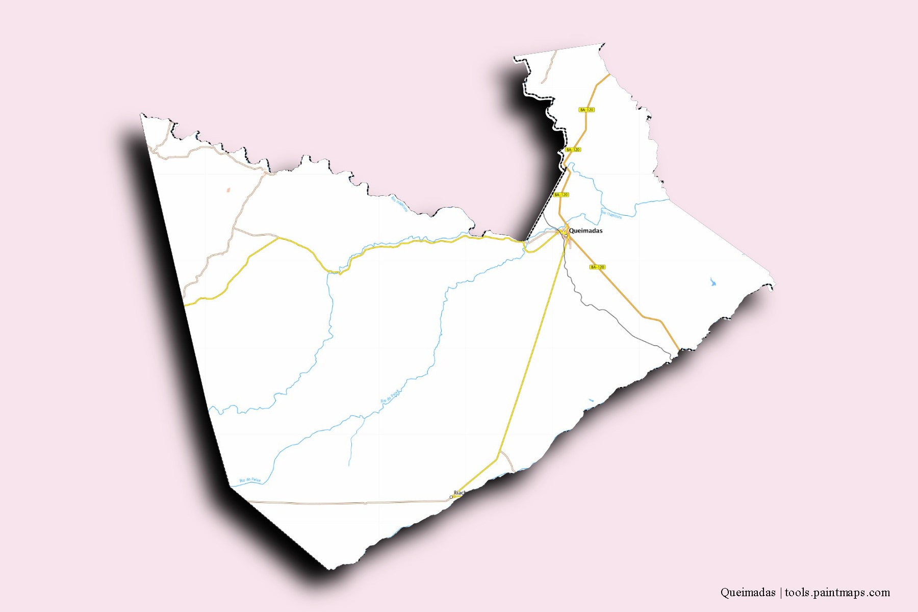 Mapa de barrios y pueblos de Queimadas con efecto de sombra 3D