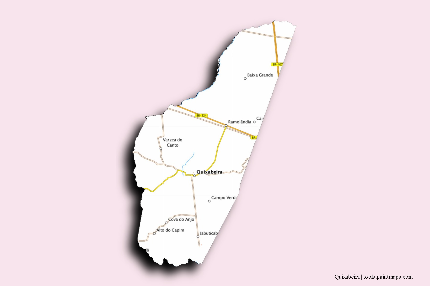 Mapa de barrios y pueblos de Quixabeira con efecto de sombra 3D