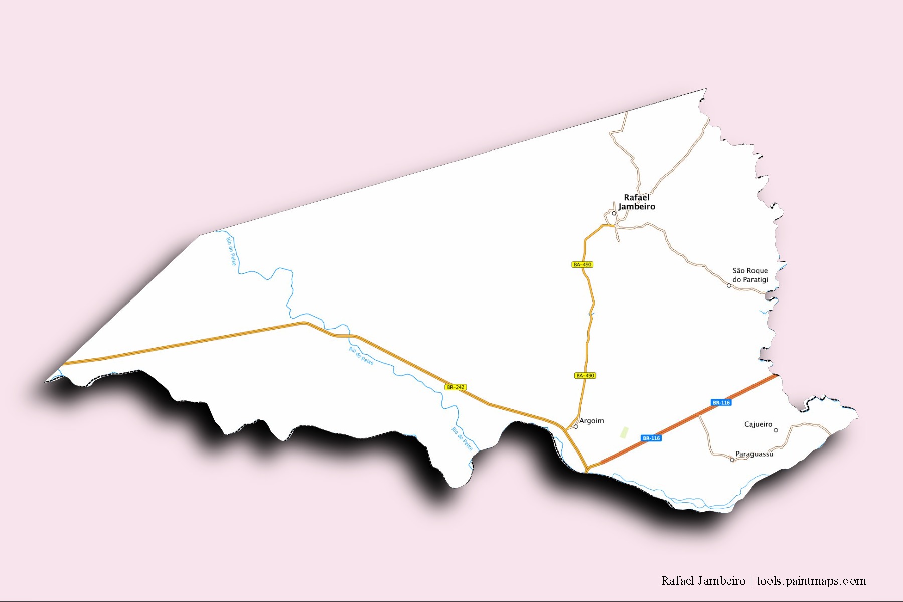 Mapa de barrios y pueblos de Rafael Jambeiro con efecto de sombra 3D