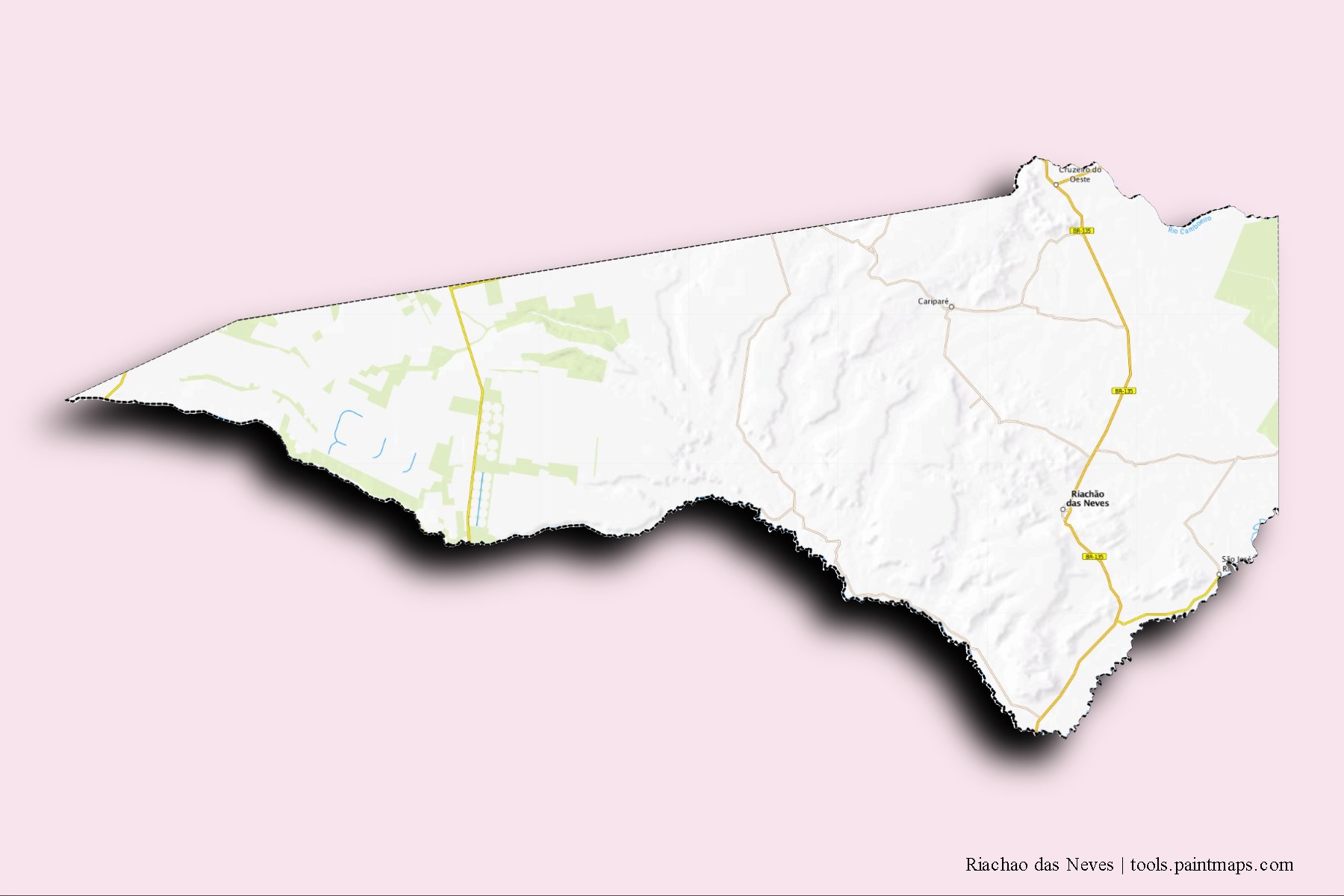 3D gölge efektli Riachao das Neves mahalleleri ve köyleri haritası