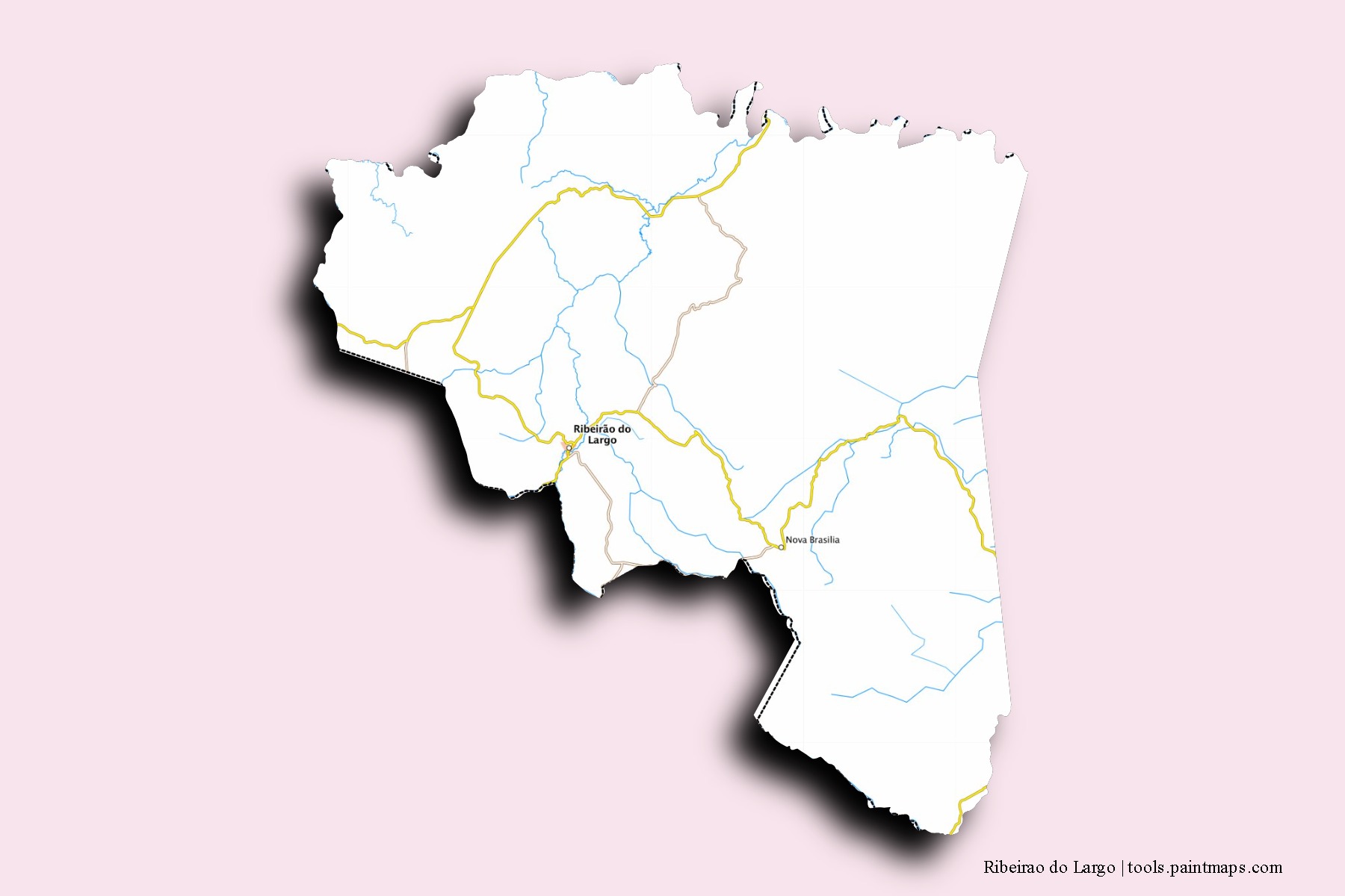 Mapa de barrios y pueblos de Ribeirao do Largo con efecto de sombra 3D