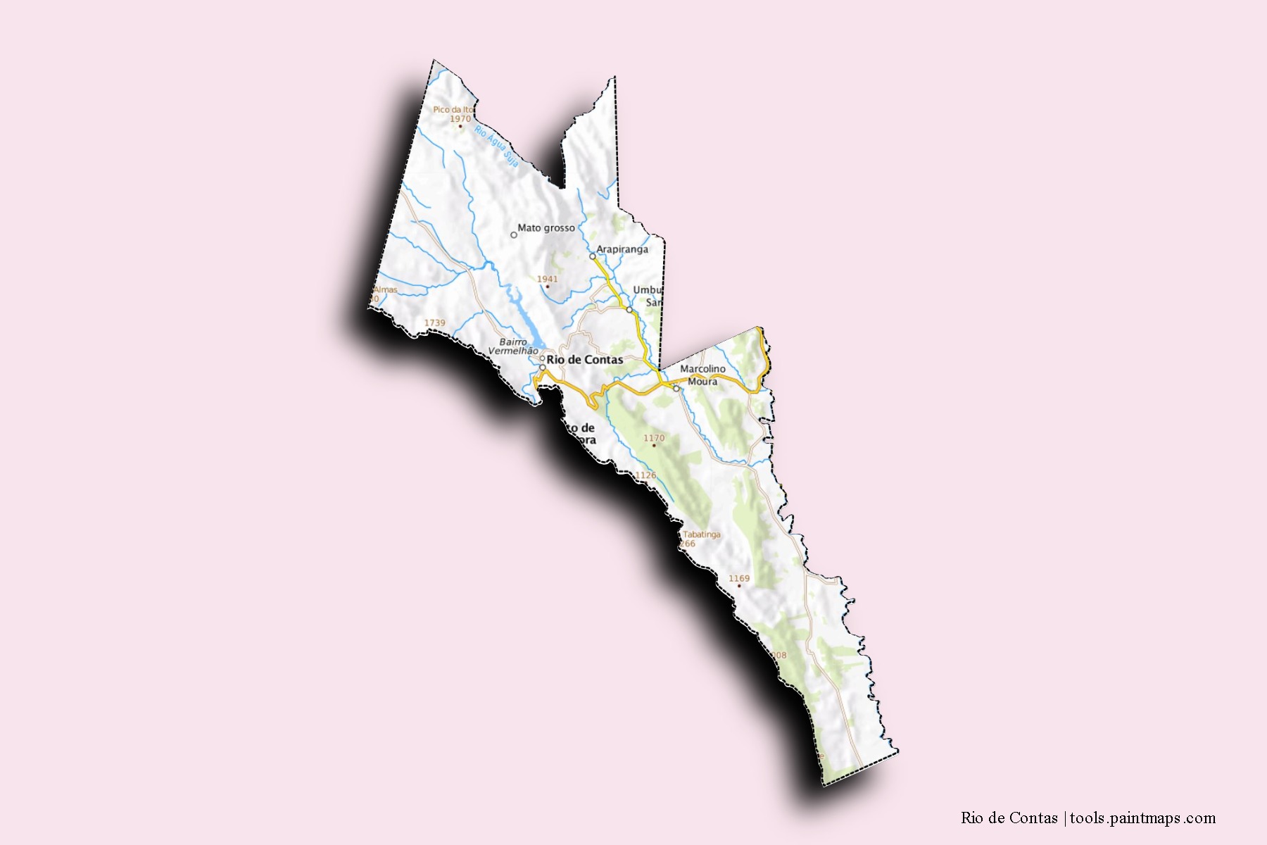 Mapa de barrios y pueblos de Rio de Contas con efecto de sombra 3D