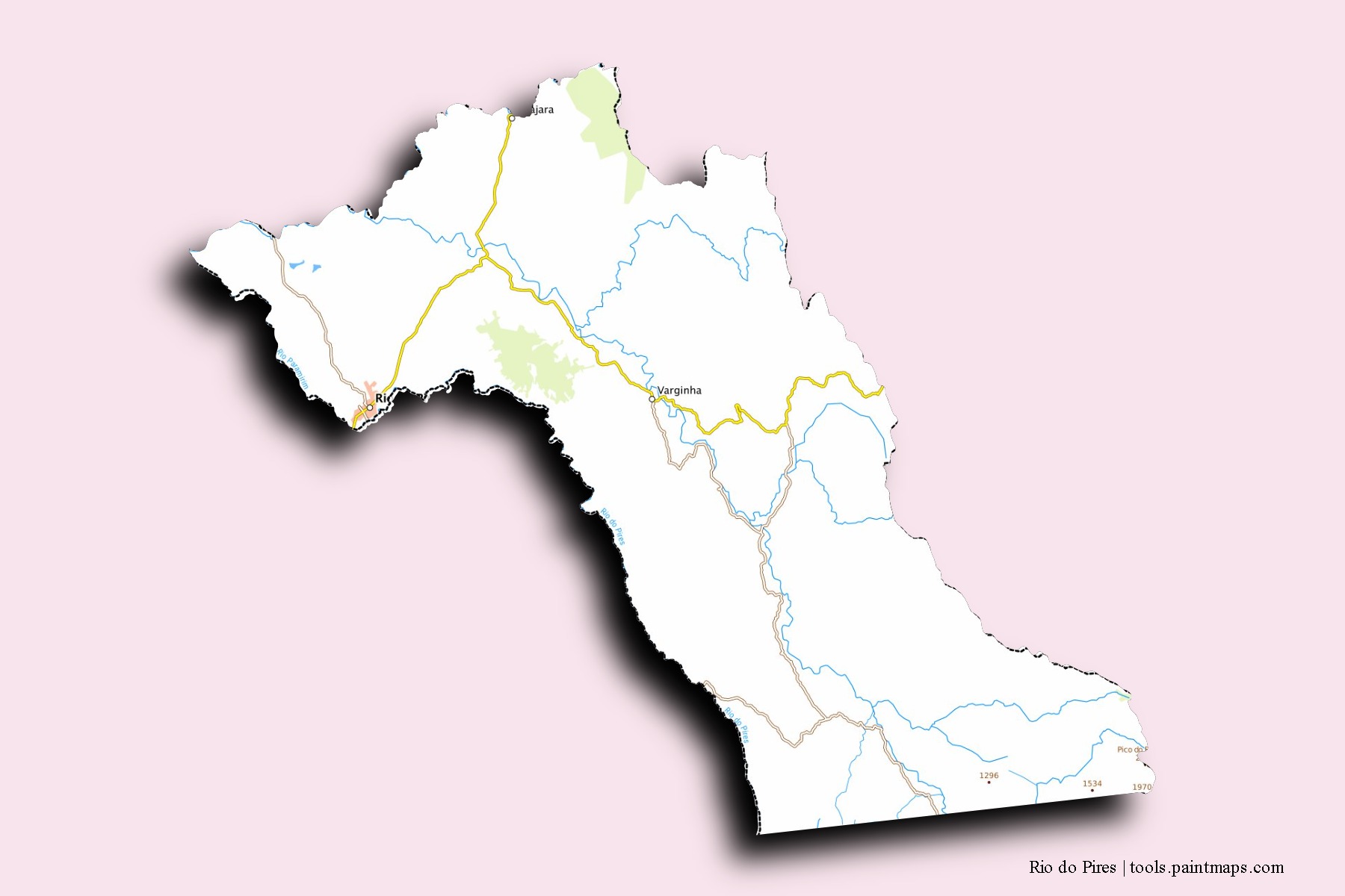 Mapa de barrios y pueblos de Rio do Pires con efecto de sombra 3D