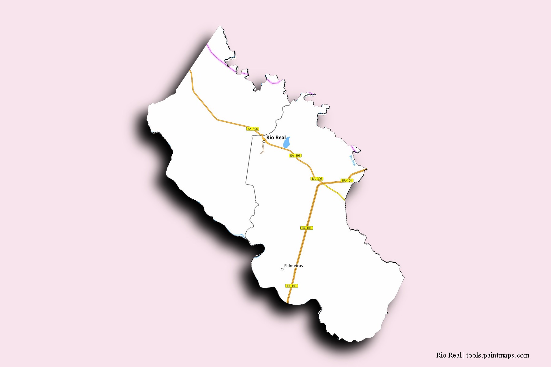 Mapa de barrios y pueblos de Rio Real con efecto de sombra 3D