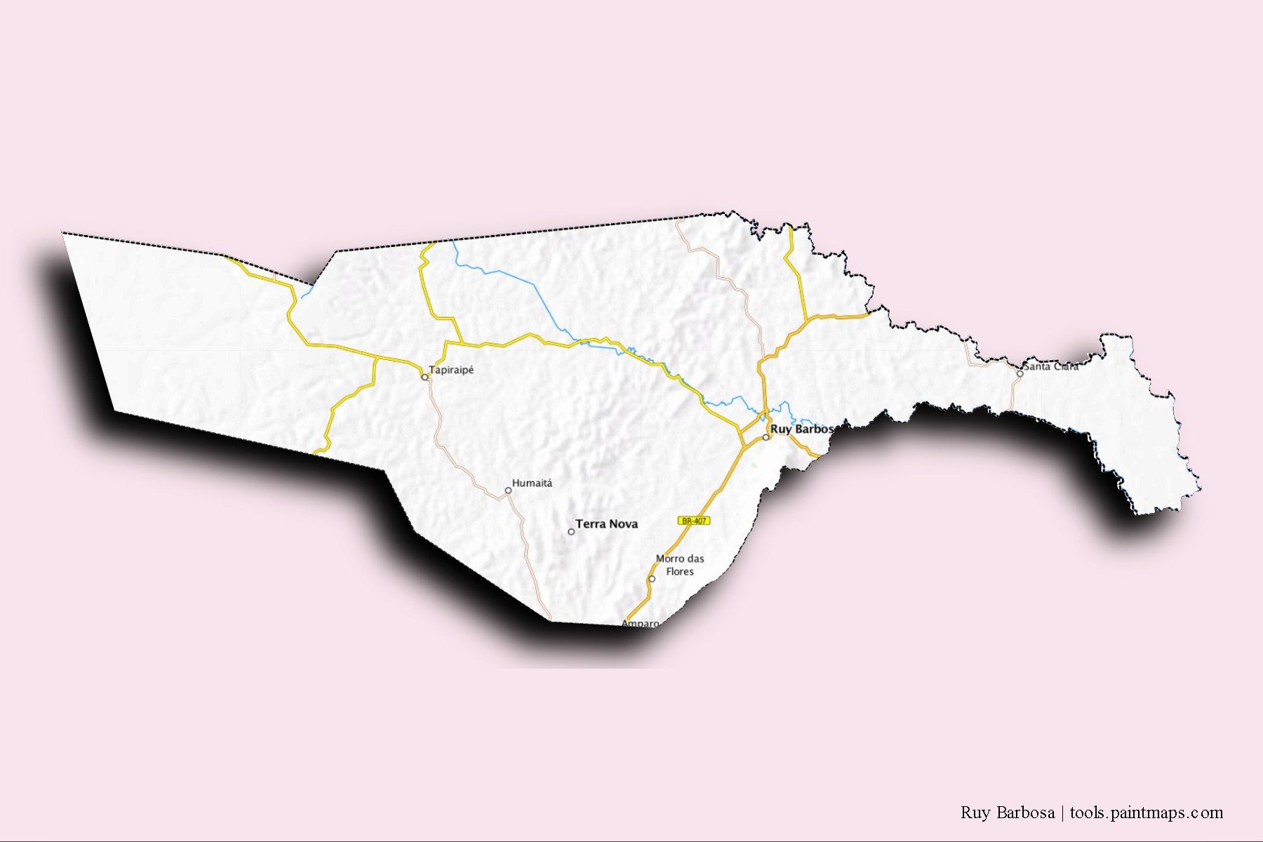 Mapa de barrios y pueblos de Ruy Barbosa con efecto de sombra 3D