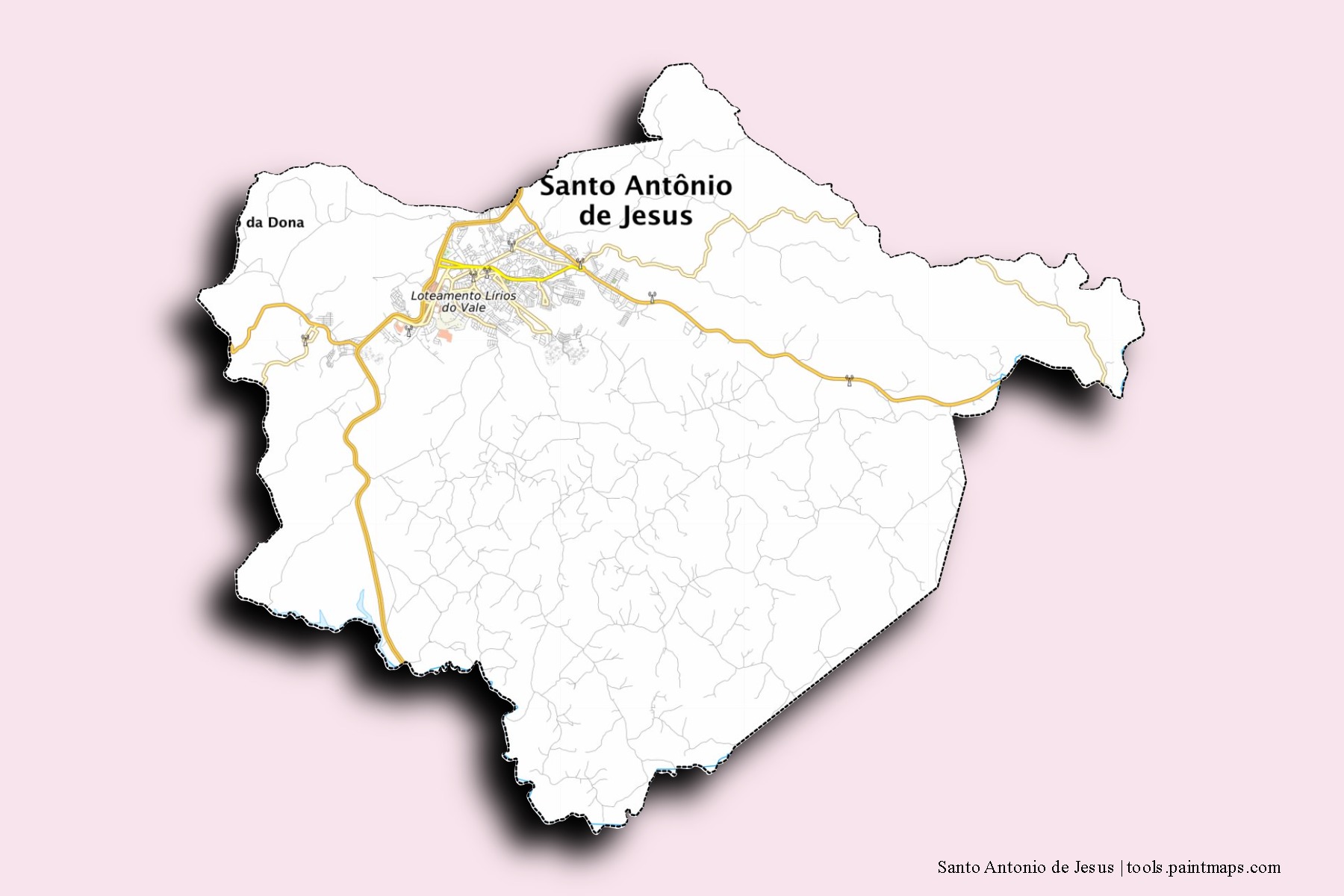 Mapa de barrios y pueblos de Santo Antonio de Jesus con efecto de sombra 3D