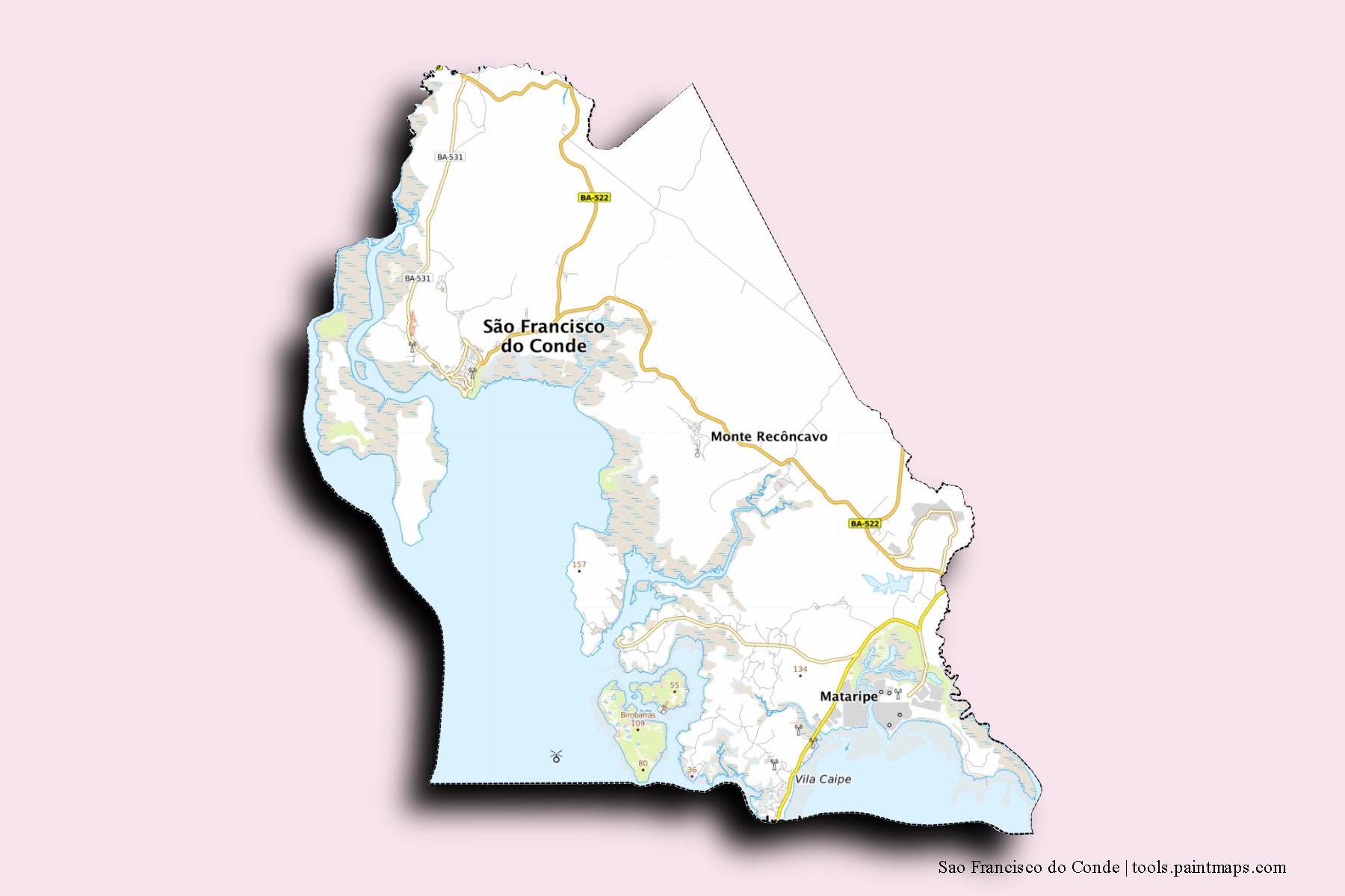 Mapa de barrios y pueblos de Sao Francisco do Conde con efecto de sombra 3D