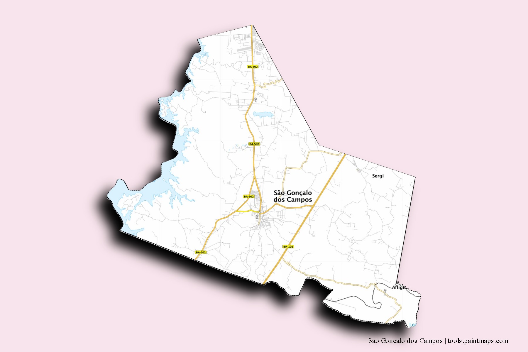 Mapa de barrios y pueblos de Sao Goncalo dos Campos con efecto de sombra 3D