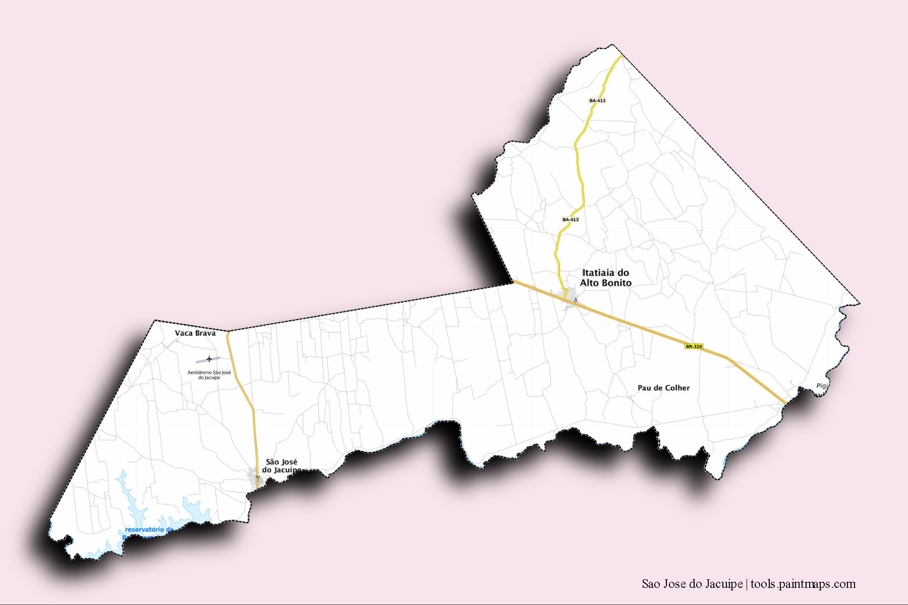 Mapa de barrios y pueblos de Sao Jose do Jacuipe con efecto de sombra 3D