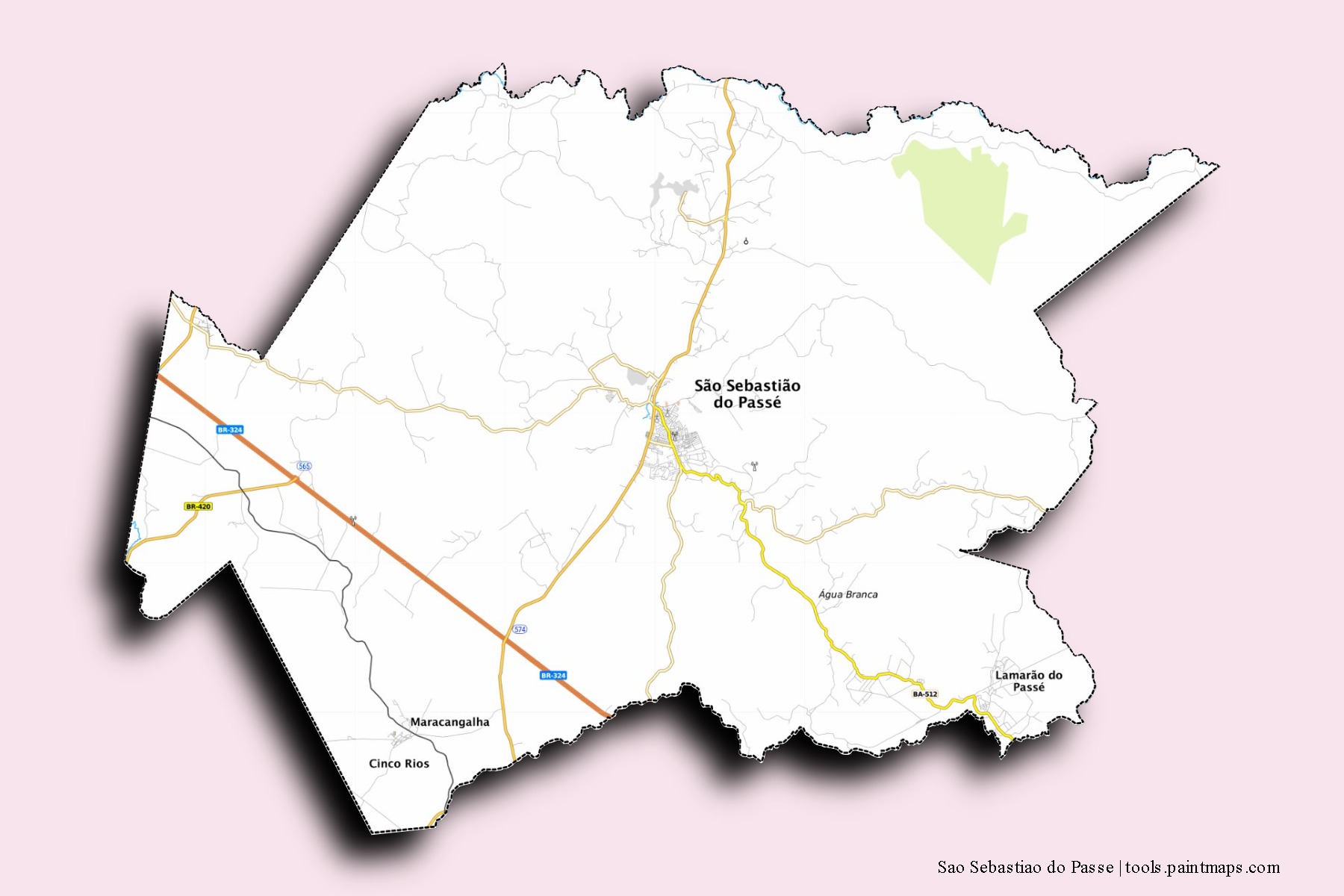 Mapa de barrios y pueblos de Sao Sebastiao do Passe con efecto de sombra 3D