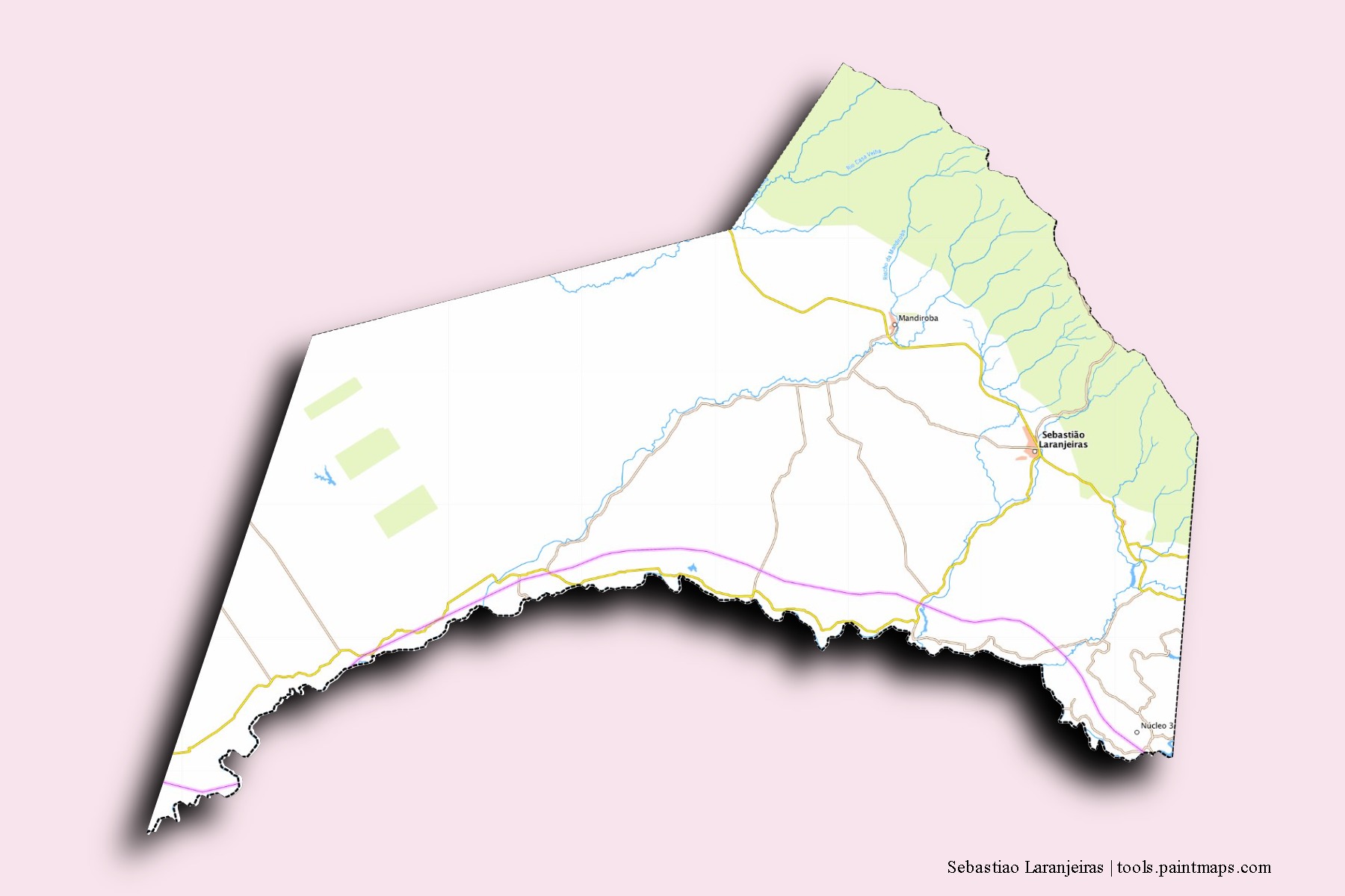 Mapa de barrios y pueblos de Sebastiao Laranjeiras con efecto de sombra 3D